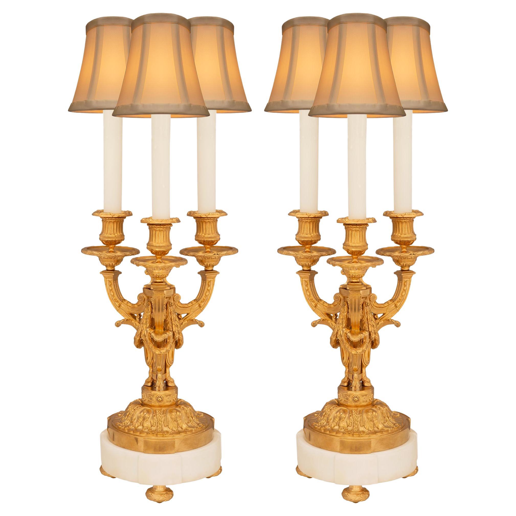 Pair of French 19th Century Louis XVI St. Ormolu and White Carrara Marble Lamps For Sale