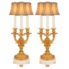 Pair of French 19th Century Louis XVI St. Ormolu and White Carrara Marble Lamps