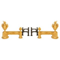 pair of French 19th century Louis XVI st. Ormolu and Wrought Iron andirons