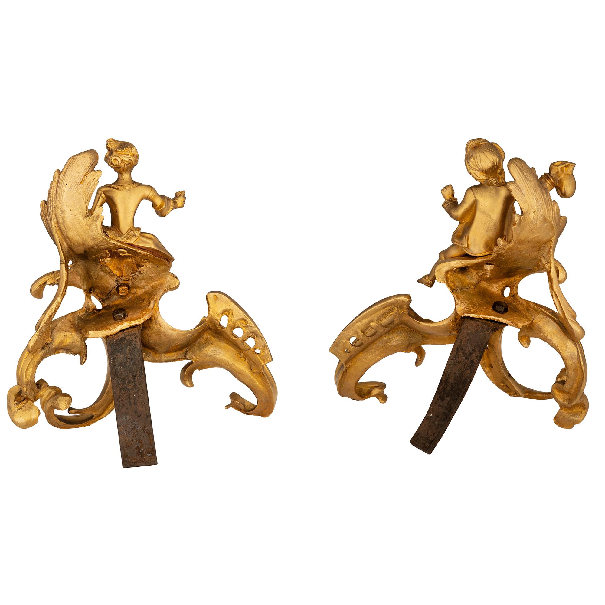 Pair of French 19th Century Louis XVI St. Ormolu Andirons For Sale 1