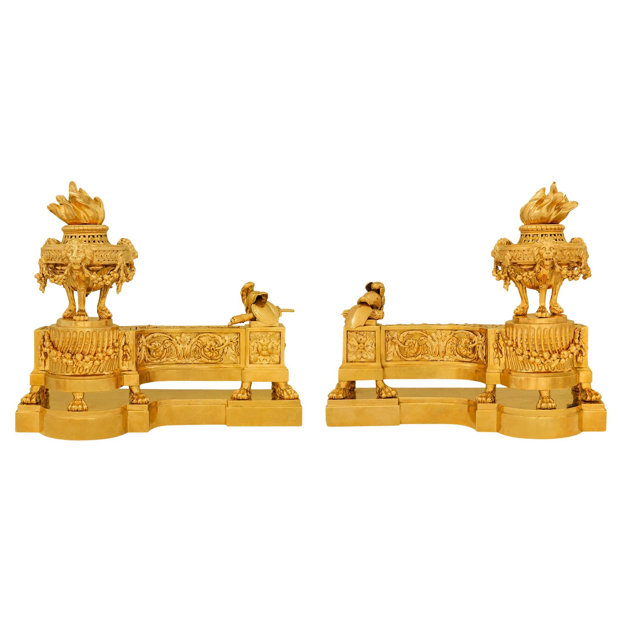 pair of French 19th century Louis XVI st. Ormolu andirons For Sale