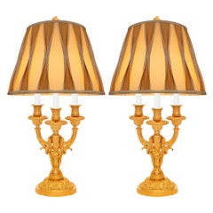 Paire de candélabres bouillotte Louis XVI du 19ème siècle en bronze doré