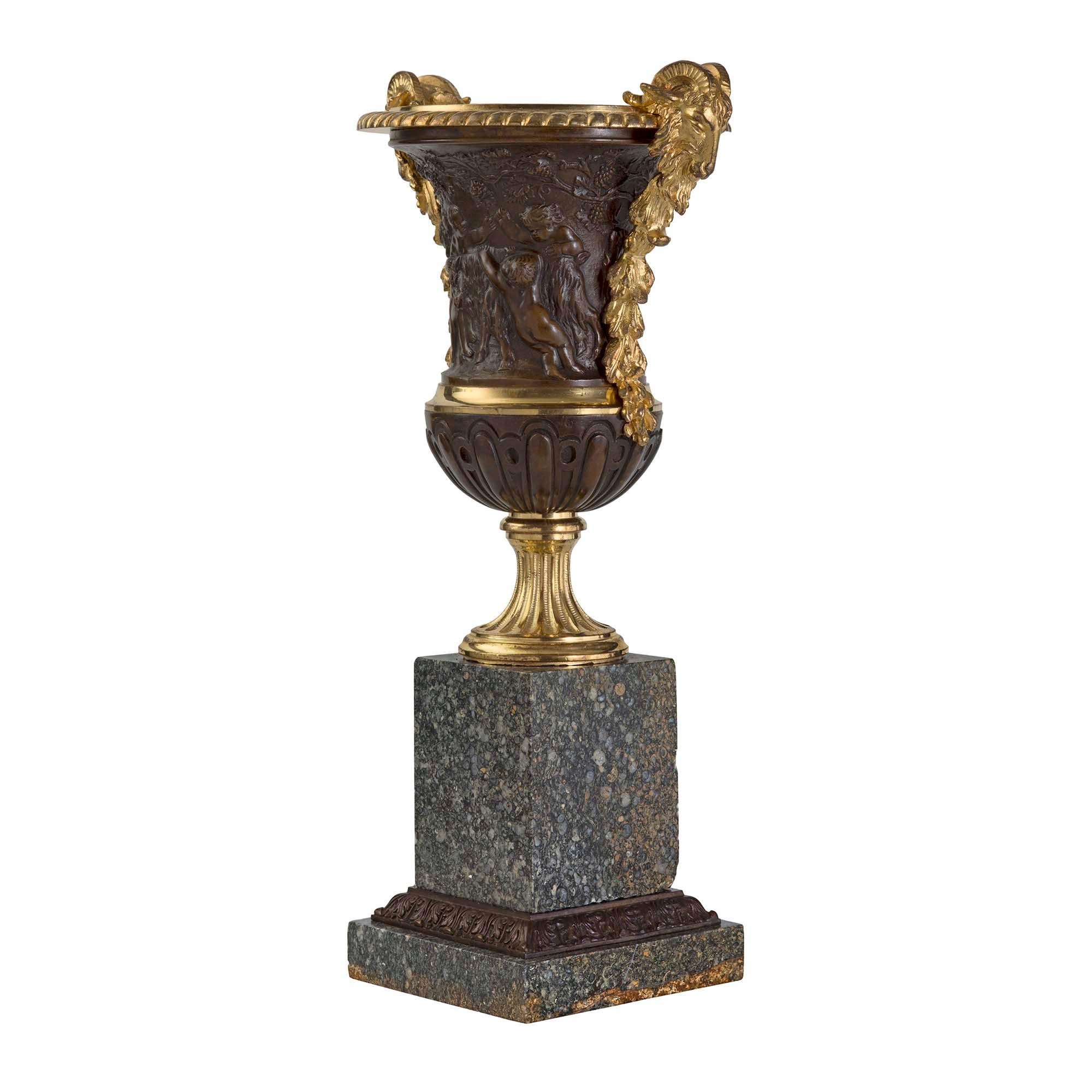 Patinated Pair of French 19th Century Louis XVI St. Ormolu, Bronze and Granite Urns For Sale