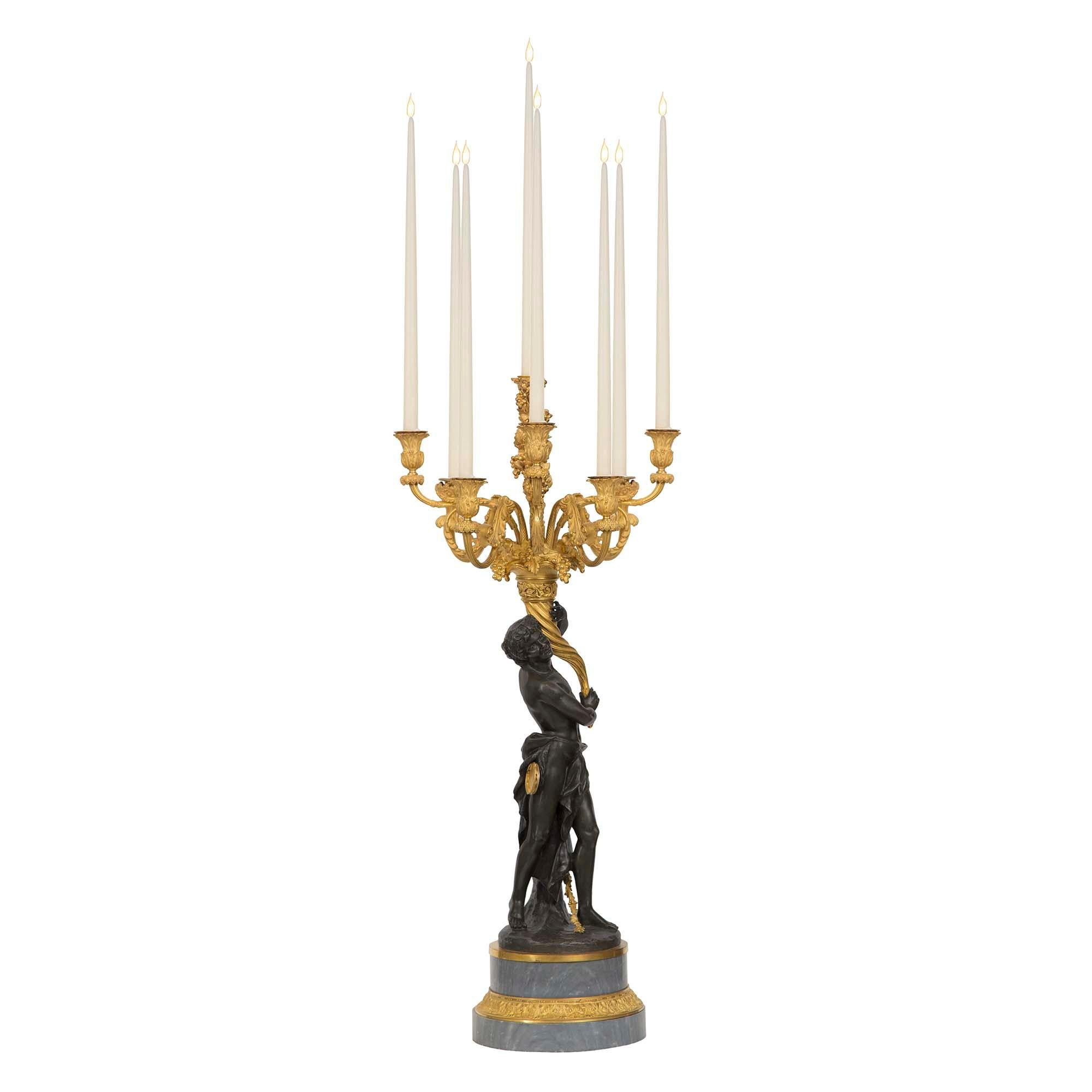 Patinated Pair of French 19th Century Louis XVI St. Ormolu, Bronze and Marble Candelabras For Sale