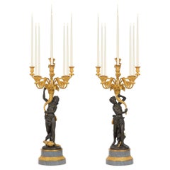 Antique Pair of French 19th Century Louis XVI St. Ormolu, Bronze and Marble Candelabras
