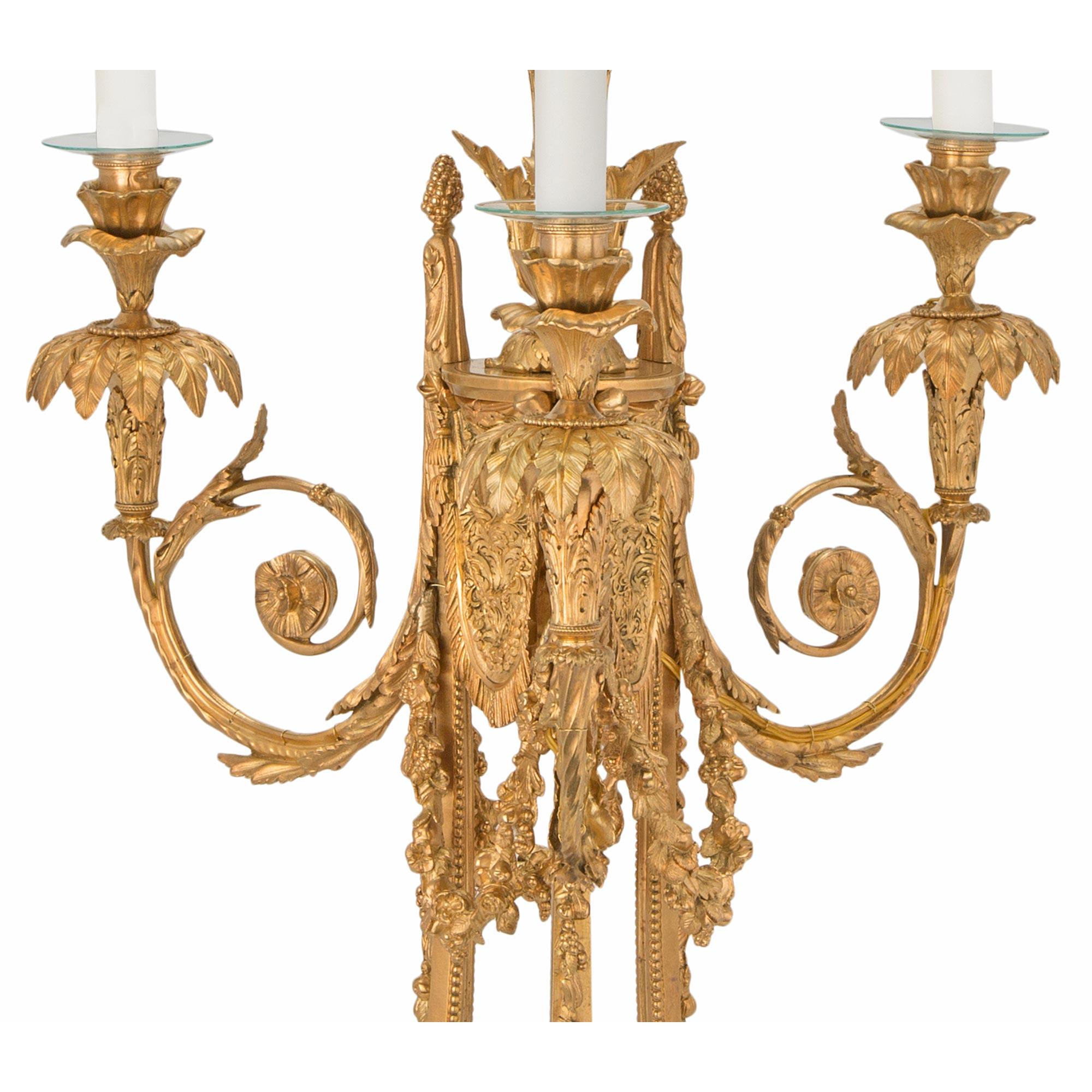 Pair of French 19th Century Louis XVI St. Ormolu Candelabras Lamps In Good Condition For Sale In West Palm Beach, FL