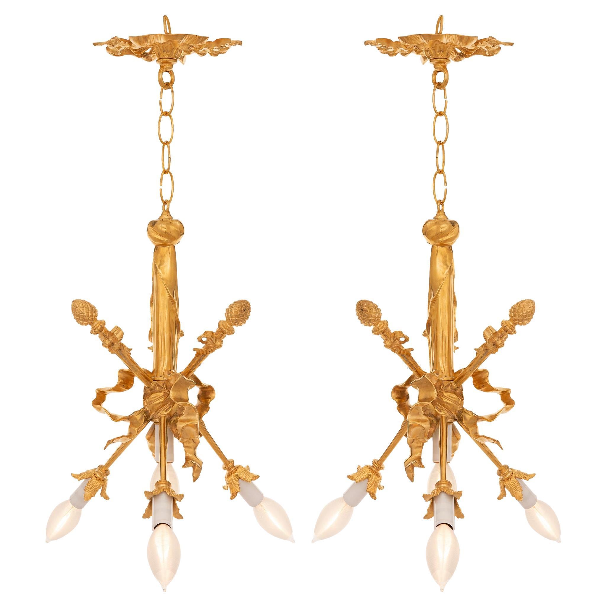 Pair of French 19th Century Louis XVI St. Ormolu Chandeliers