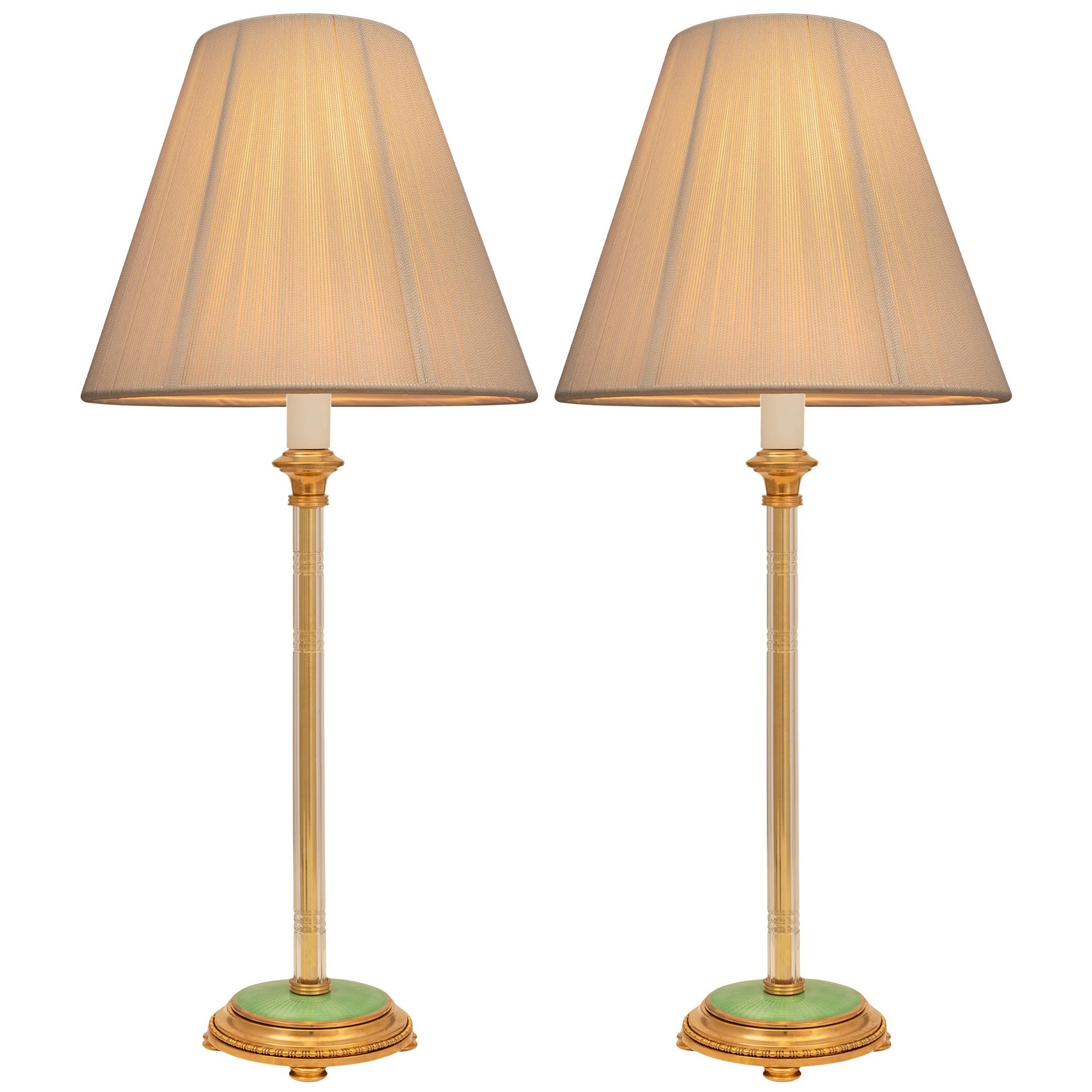 Paar Französisch 19. Jahrhundert Louis XVI. Lampen aus Goldbronze, Kristall und Emaille