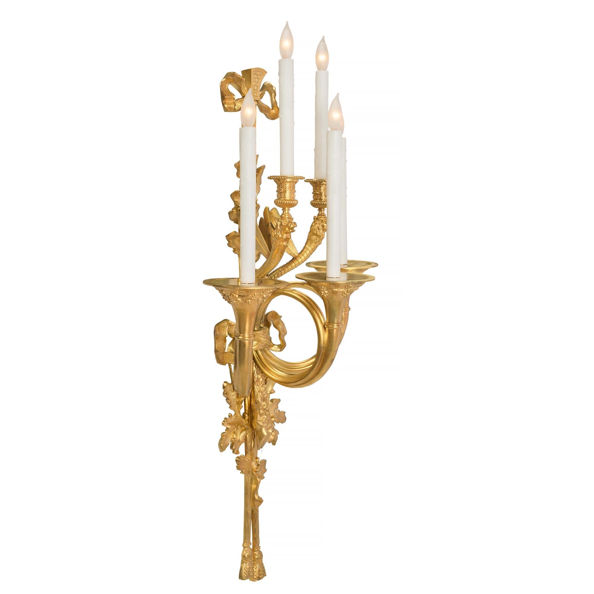 Pair of French 19th Century Louis XVI St. Ormolu Five-Arm Sconces In Good Condition In West Palm Beach, FL