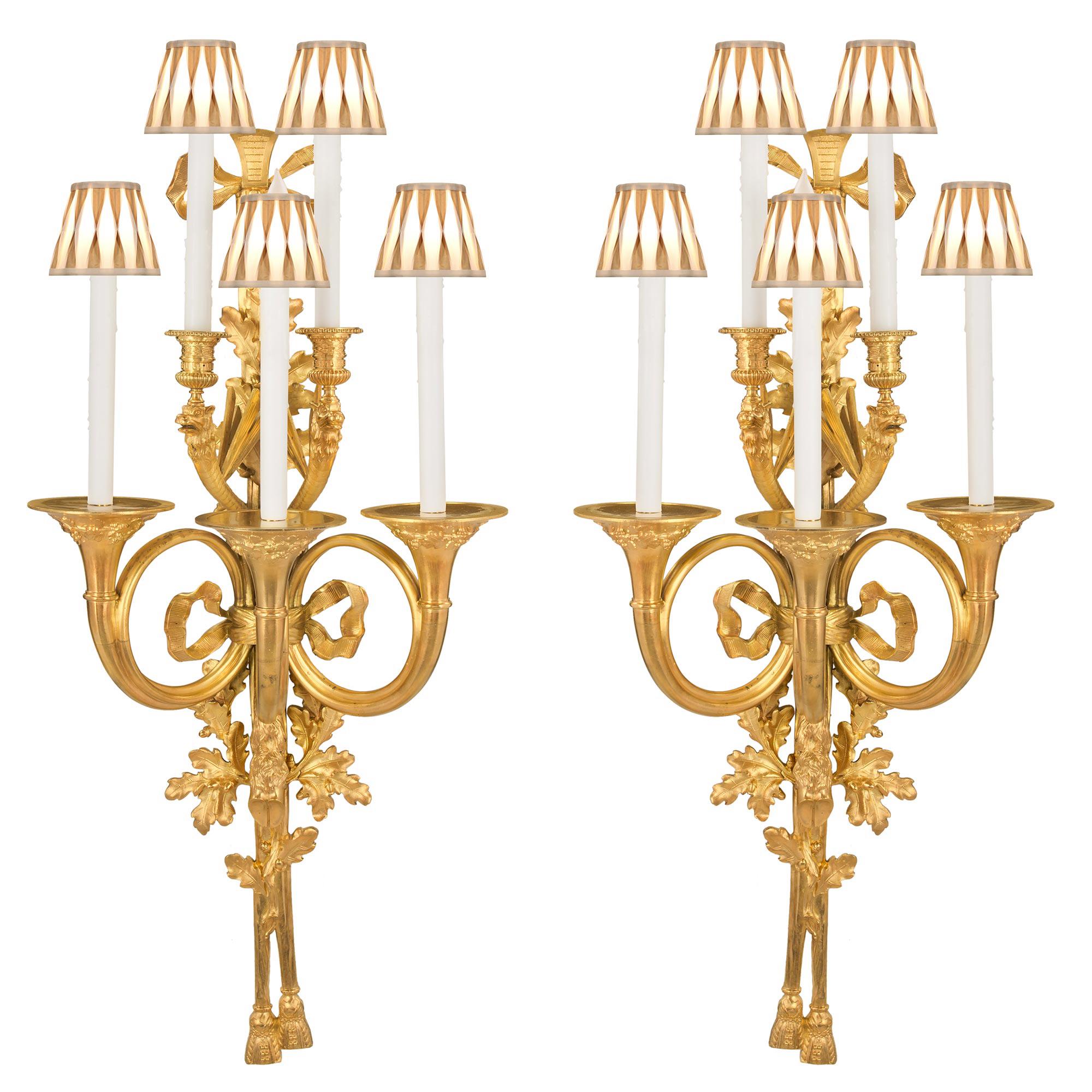 Pair of French 19th Century Louis XVI St. Ormolu Five-Arm Sconces For Sale