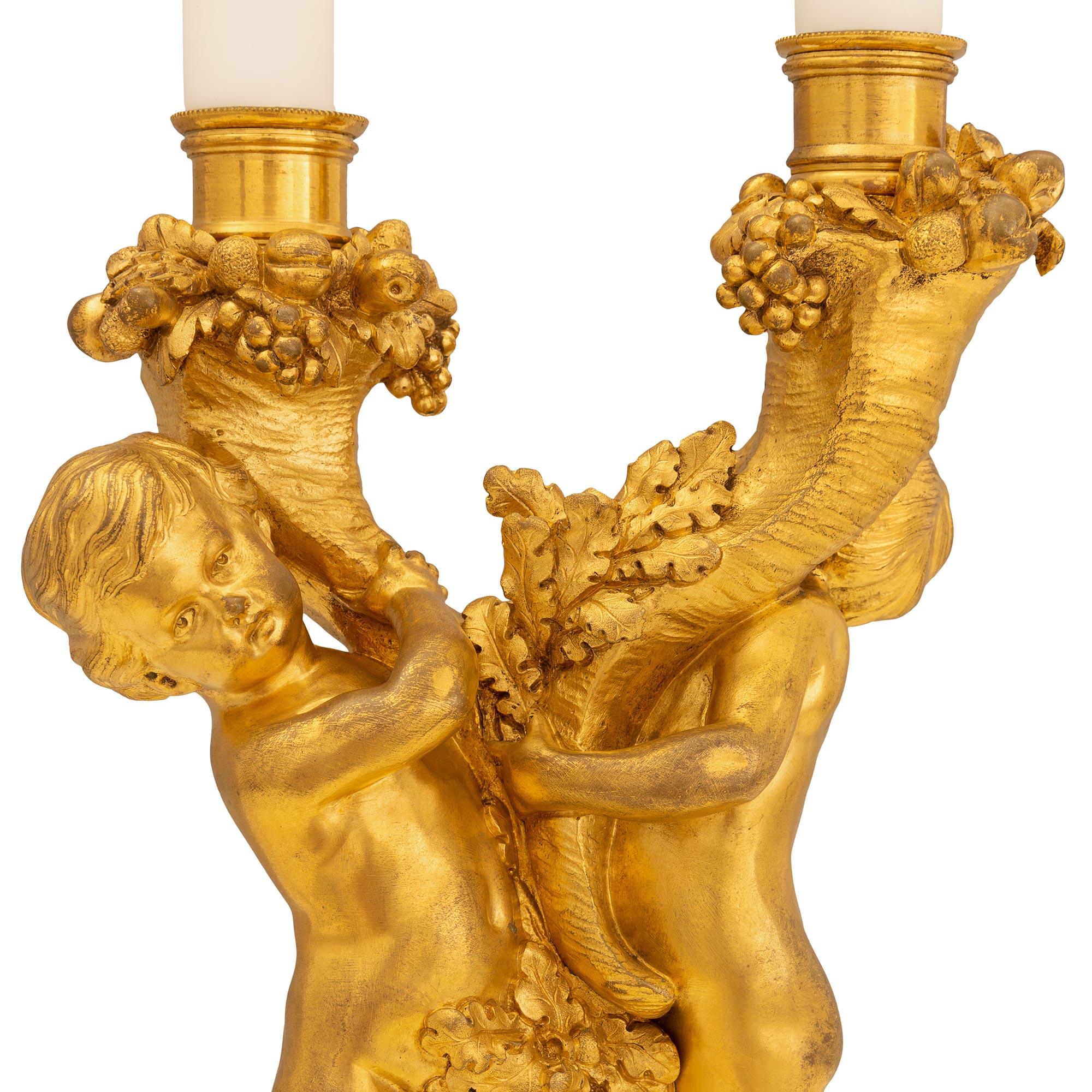 Pair of French 19th Century Louis XVI St. Ormolu Marble Candelabras Lamps In Good Condition For Sale In West Palm Beach, FL
