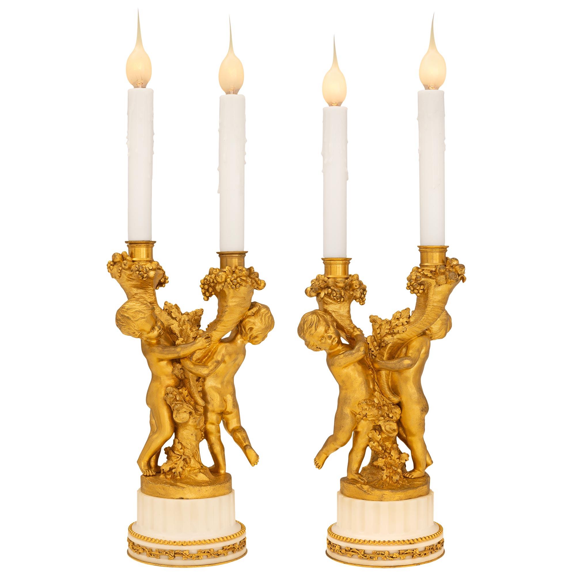 Pair of French 19th Century Louis XVI St. Ormolu Marble Candelabras Lamps For Sale 6