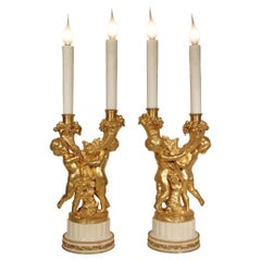Pair of French 19th Century Louis XVI St. Ormolu Marble Candelabras Lamps