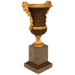 Pair of French 19th century Louis XVI st Ormolu, patinated Bronze & Granite urns