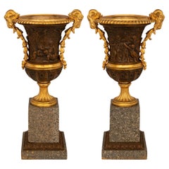 Antique Pair of French 19th century Louis XVI st Ormolu, patinated Bronze & Granite urns