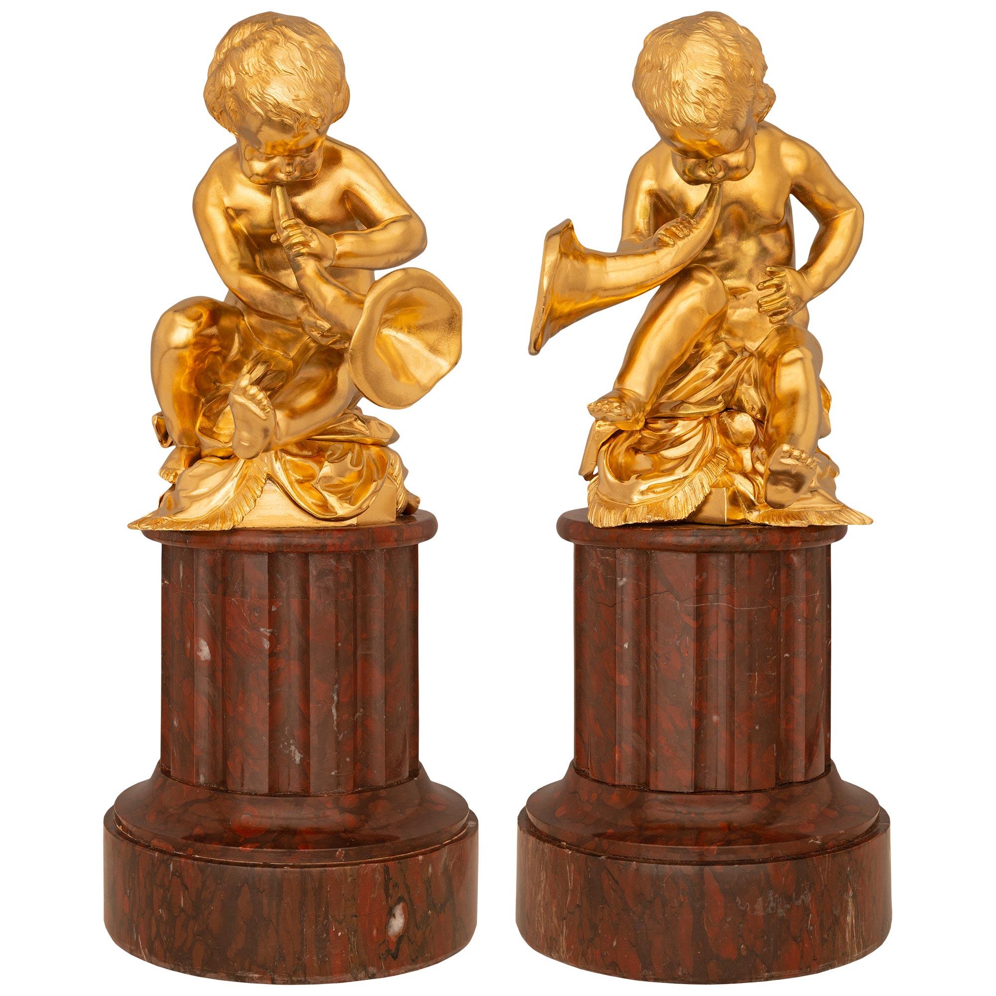 Pair Of French 19th Century Louis XVI St. Ormolu & Rouge Griotte Marble Statues For Sale 7
