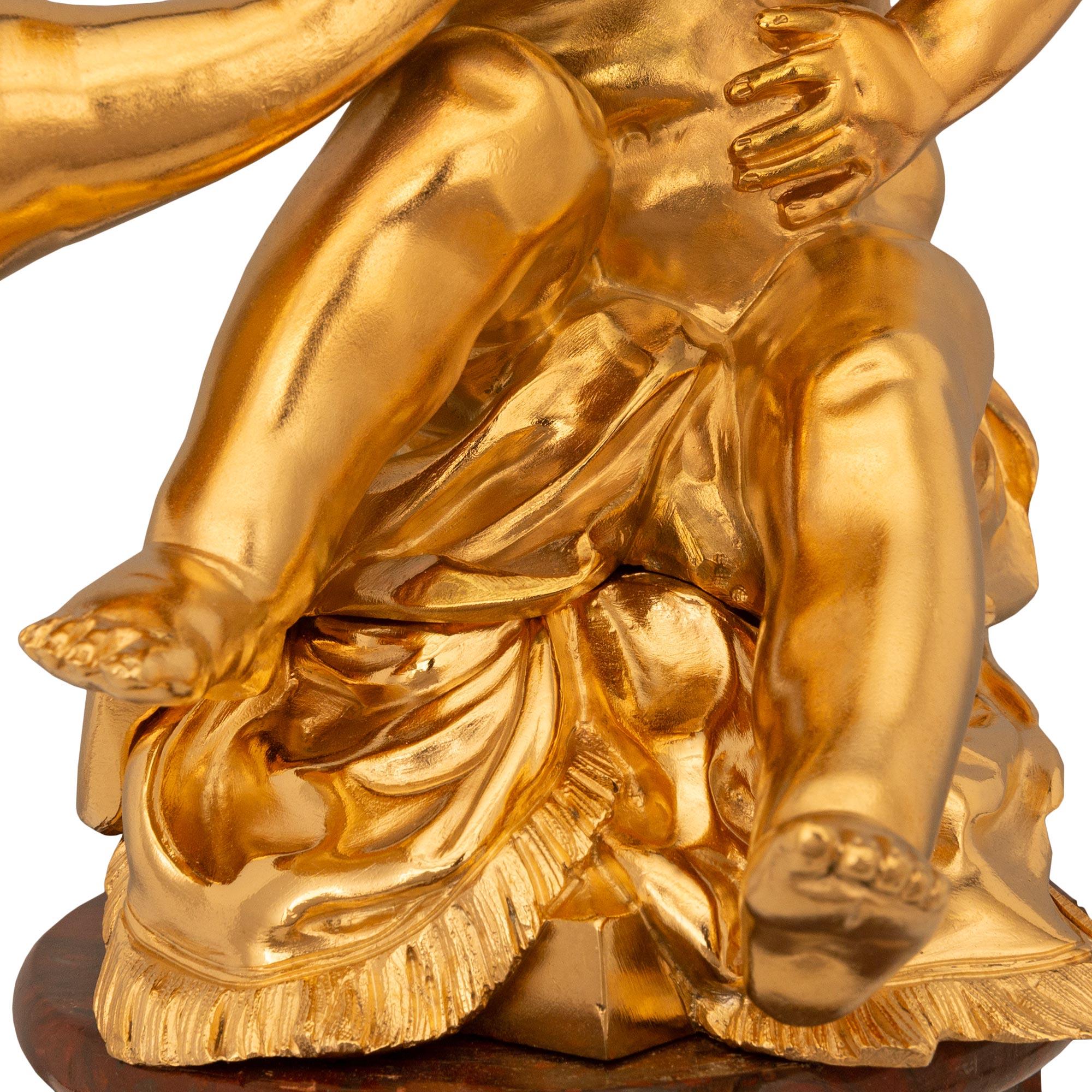 Pair Of French 19th Century Louis XVI St. Ormolu & Rouge Griotte Marble Statues For Sale 4