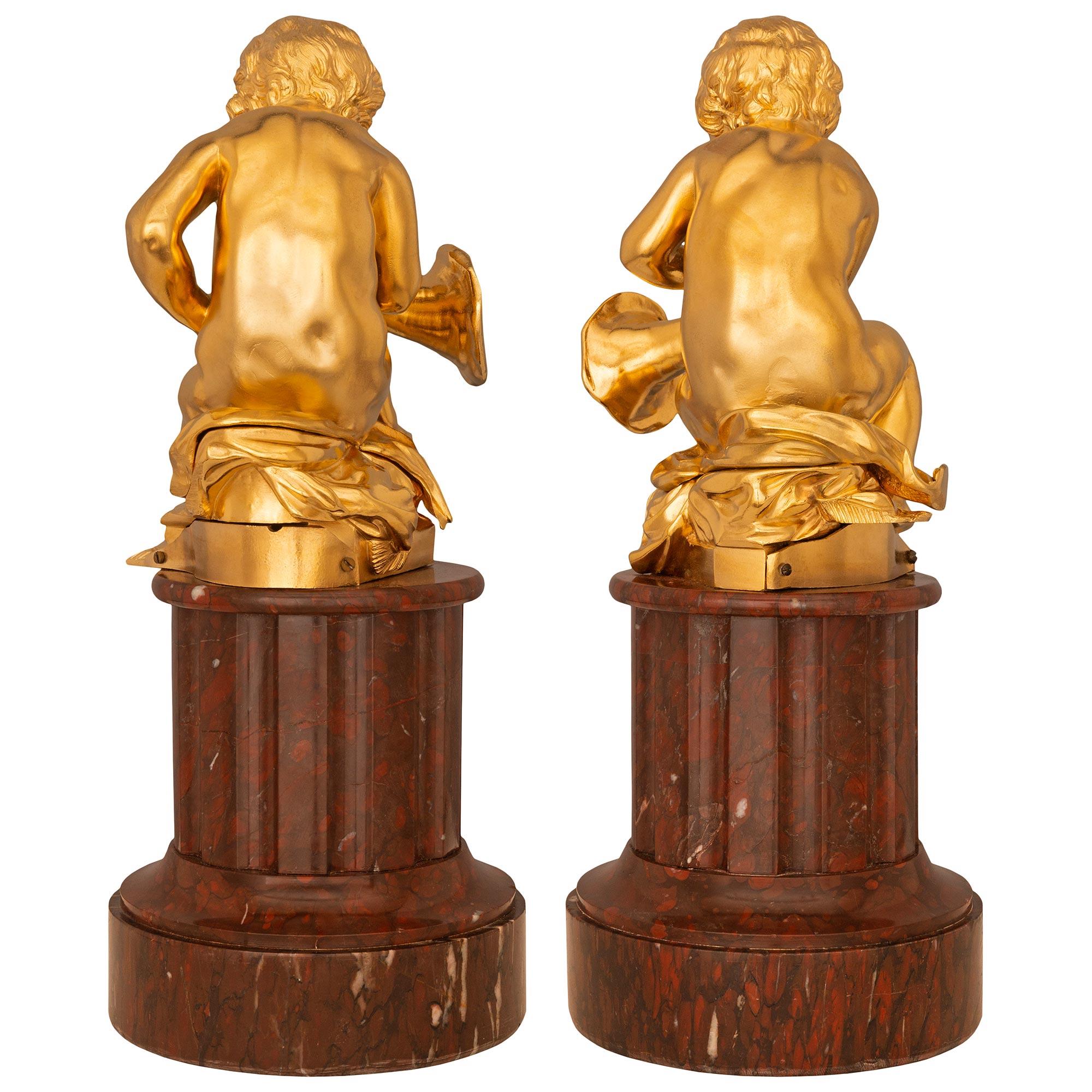 Pair Of French 19th Century Louis XVI St. Ormolu & Rouge Griotte Marble Statues For Sale 6