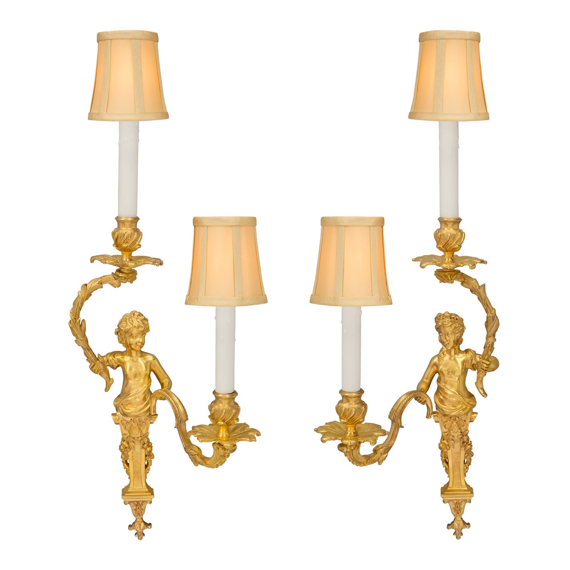 Pair of French 19th Century Louis XVI St. Ormolu Sconces, Attr. to Henry Dasson For Sale