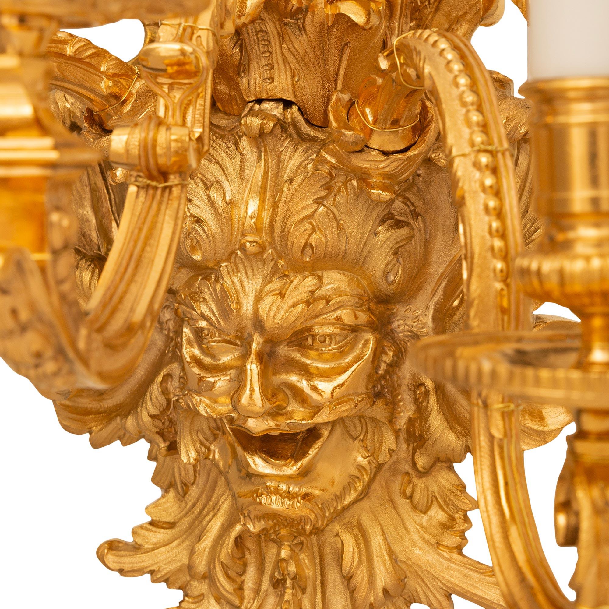 A high quality and stunning pair of French 19th century Louis XVI st. Ormolu sconces. Each beautiful five arm sconce is centered by a richly chased and wonderfully detailed grotesque mask containing scrolling foliate designs and an excited