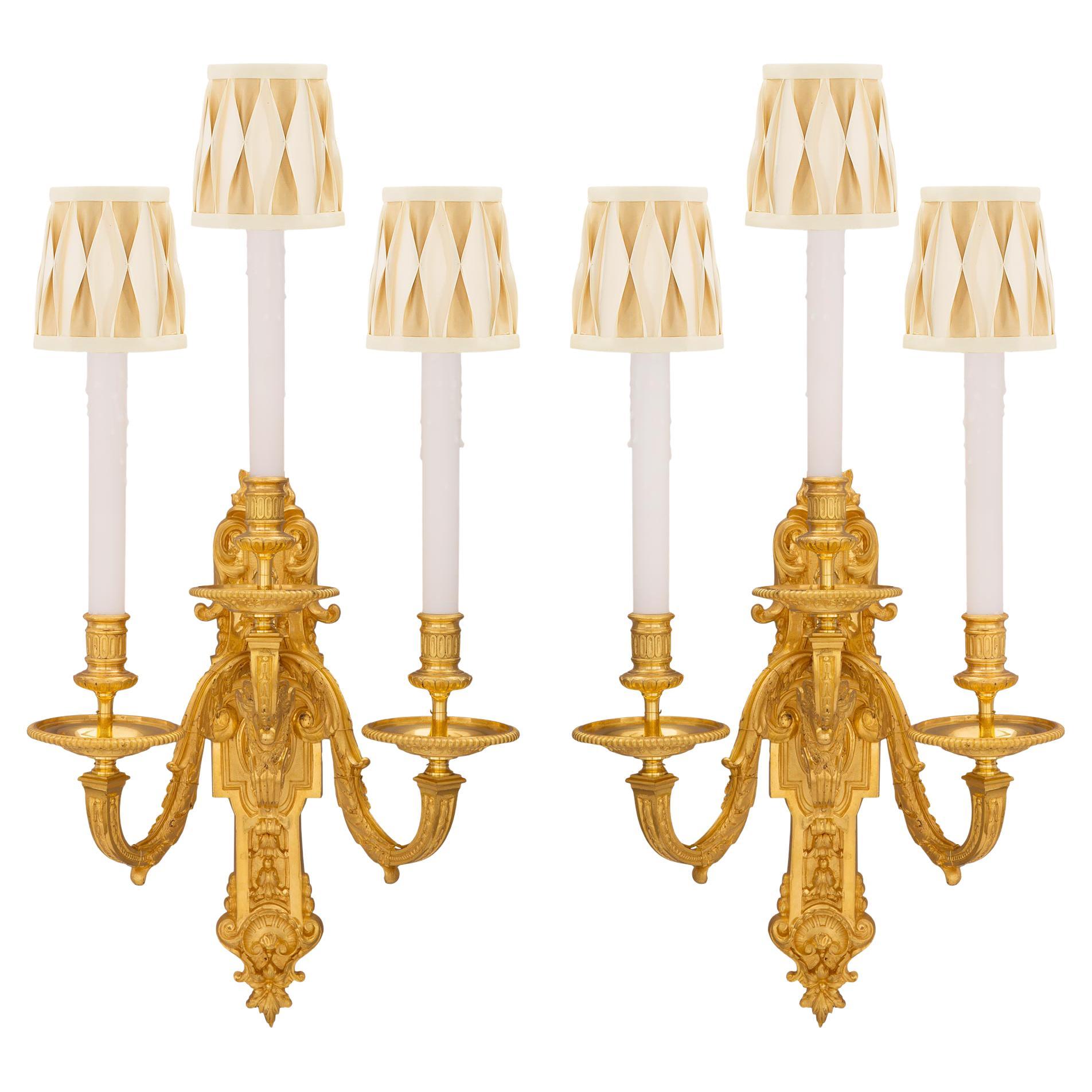 Pair of French 19th Century Louis XVI St. Ormolu Sconces For Sale