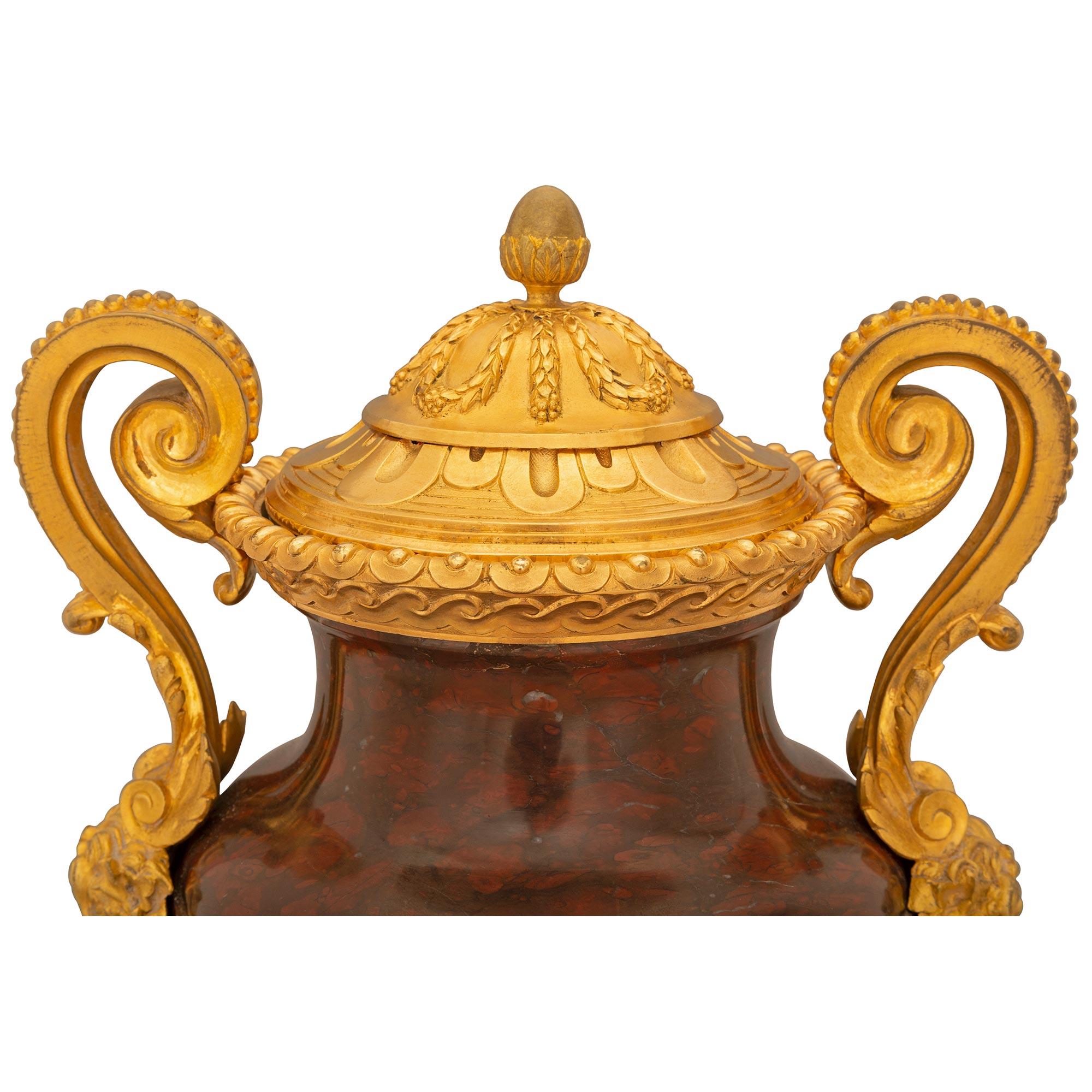 Pair of French 19th Century Louis XVI St. Ormolu, Silvered Bronze & Marble Urns For Sale 2