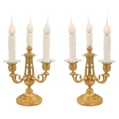 Coppia di lampade a candelabro a tre bracci in stile Luigi XVI, Francia, XIX secolo.