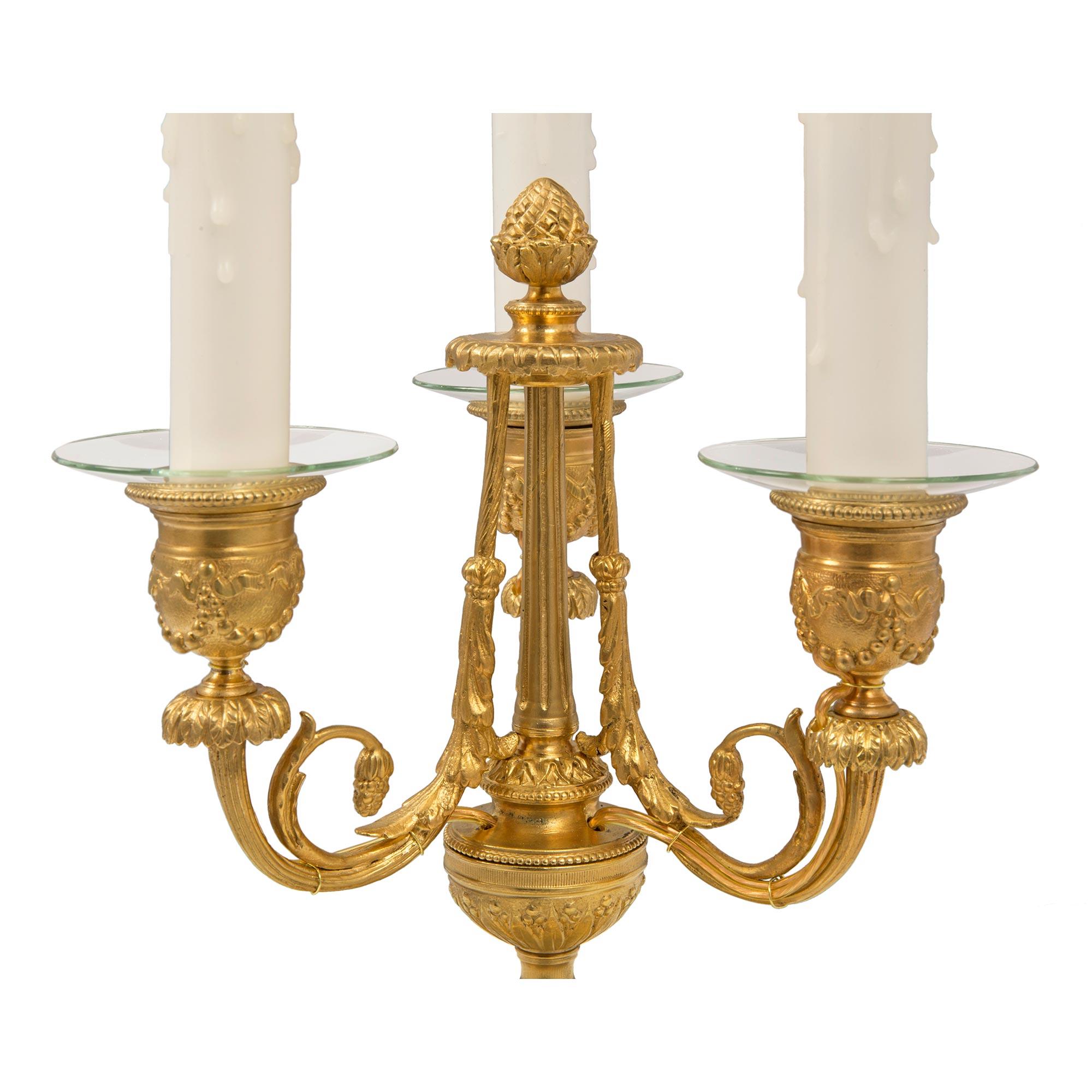 Pair of French 19th Century Louis XVI St. Ormolu Three Arm Candelabra Lamps For Sale 2
