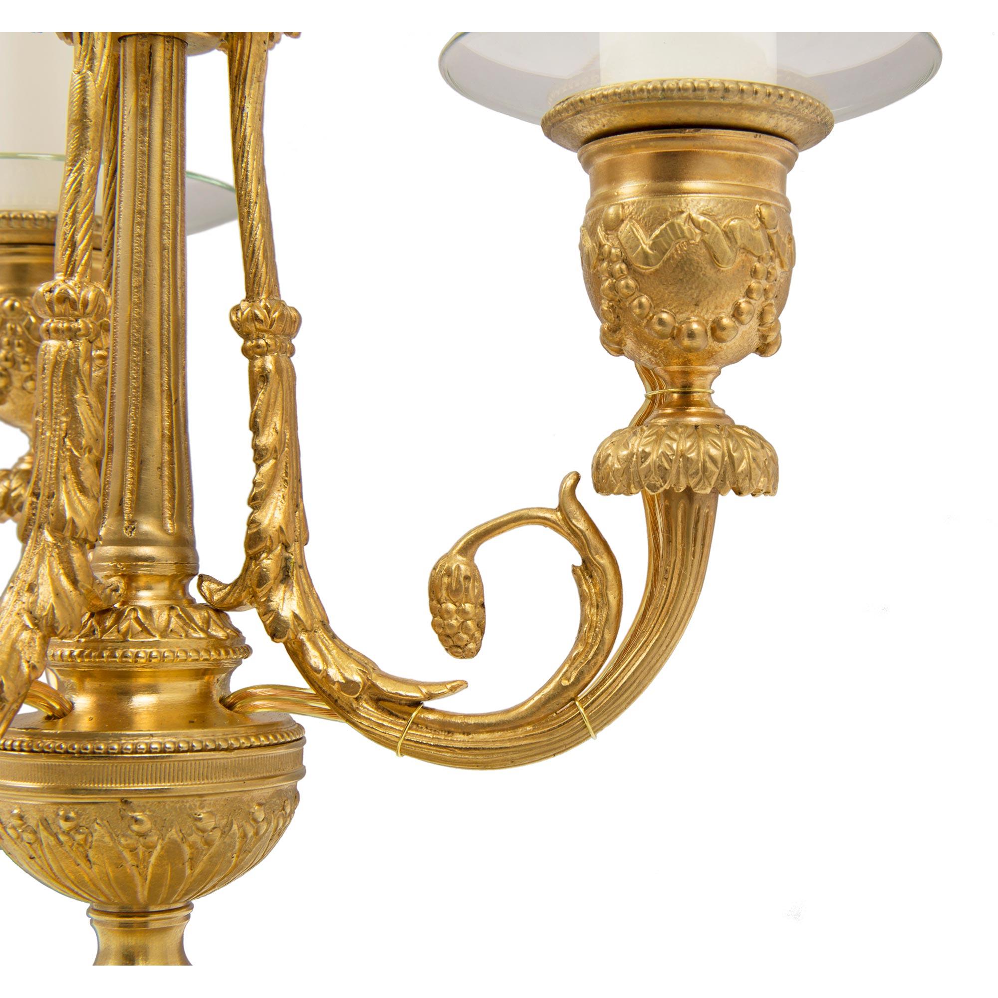 Pair of French 19th Century Louis XVI St. Ormolu Three Arm Candelabra Lamps For Sale 4
