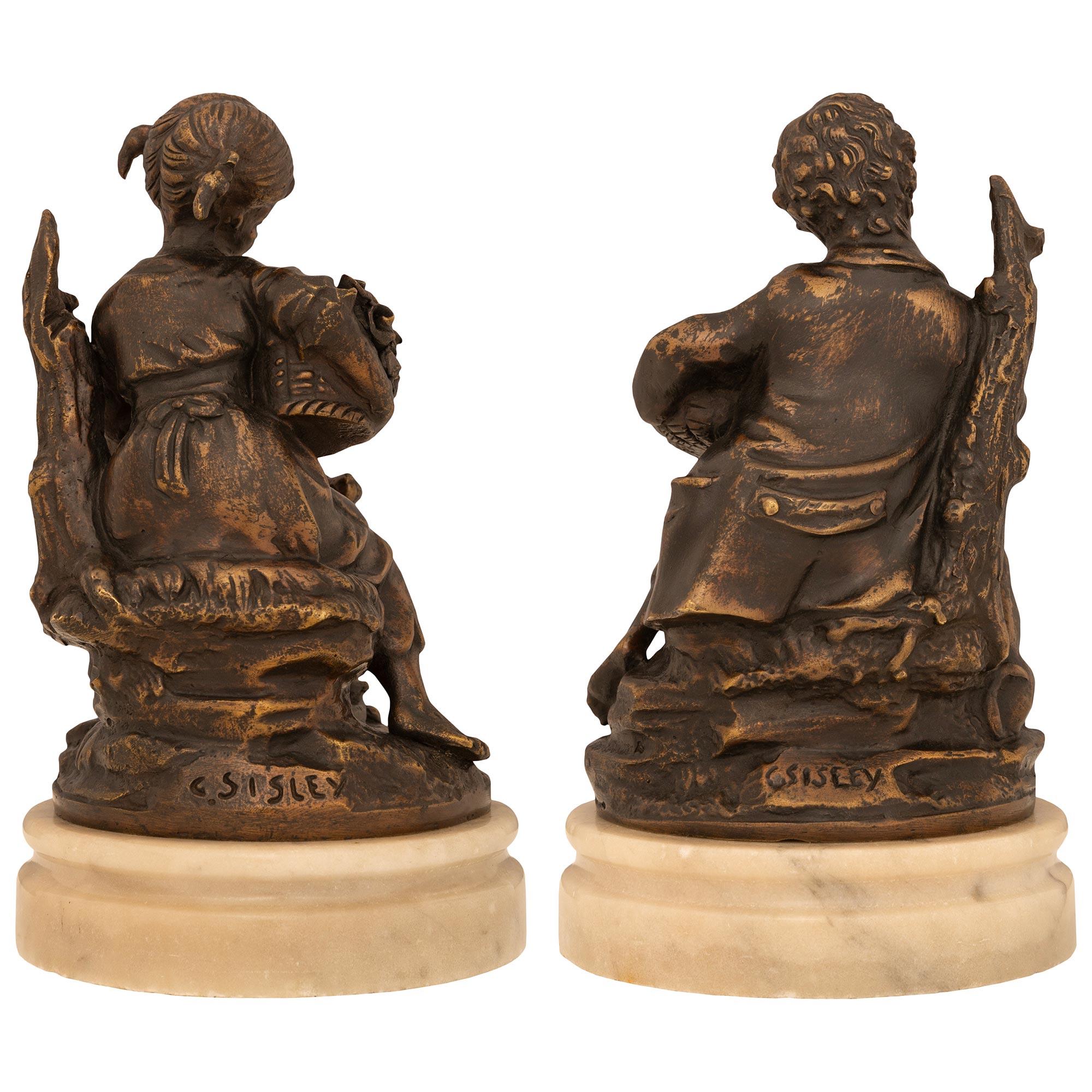 Pair Of French 19th Century Louis XVI St. Patinated Bronze And Alabaster Statues For Sale 7