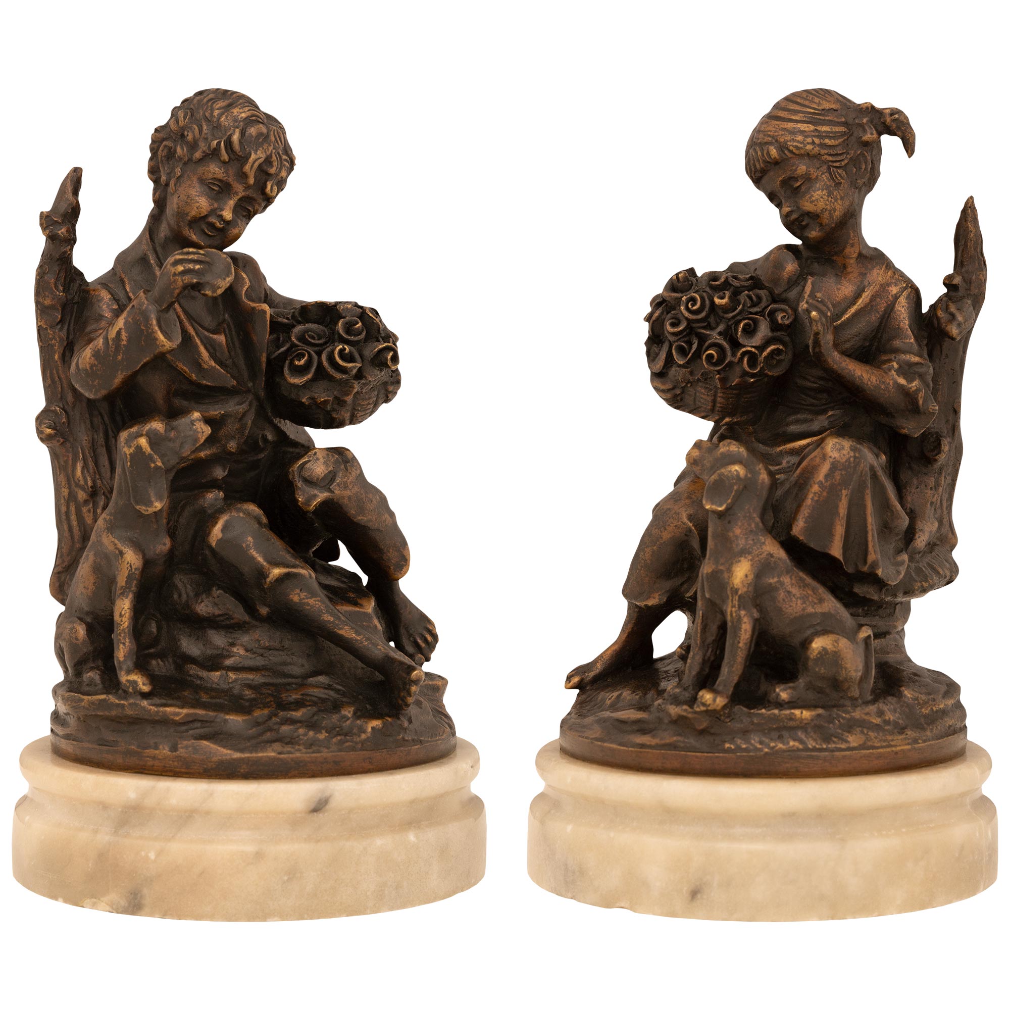 Pair Of French 19th Century Louis XVI St. Patinated Bronze And Alabaster Statues For Sale