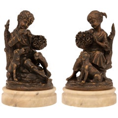 Pair Of French 19th Century Louis XVI St. Patinated Bronze And Alabaster Statues