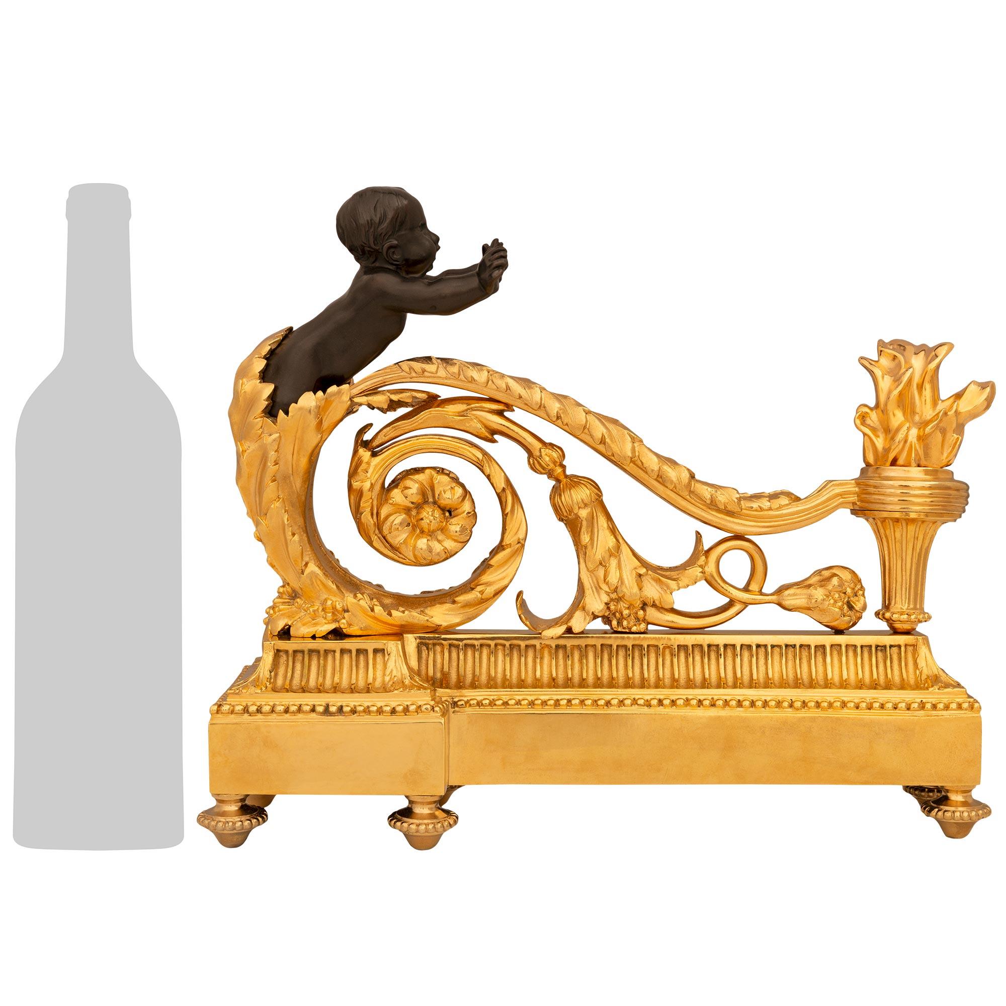Una coppia decorativa e di alta qualità di androni francesi del XIX secolo in bronzo patinato e Ormolu. Ogni ferro da stiro finemente dettagliato è sollevato su una base quadrata a gradini che mostra motivi scanalati e bande di perline in Ormolu,