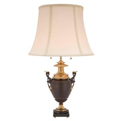 Paar französische Louis-XVI-Lampen aus patinierter Bronze und Goldbronze aus dem 19. Jahrhundert