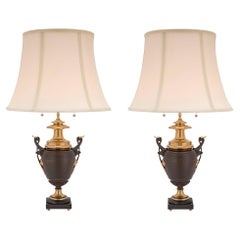 Paar französische Louis-XVI-Lampen aus patinierter Bronze und Goldbronze aus dem 19. Jahrhundert