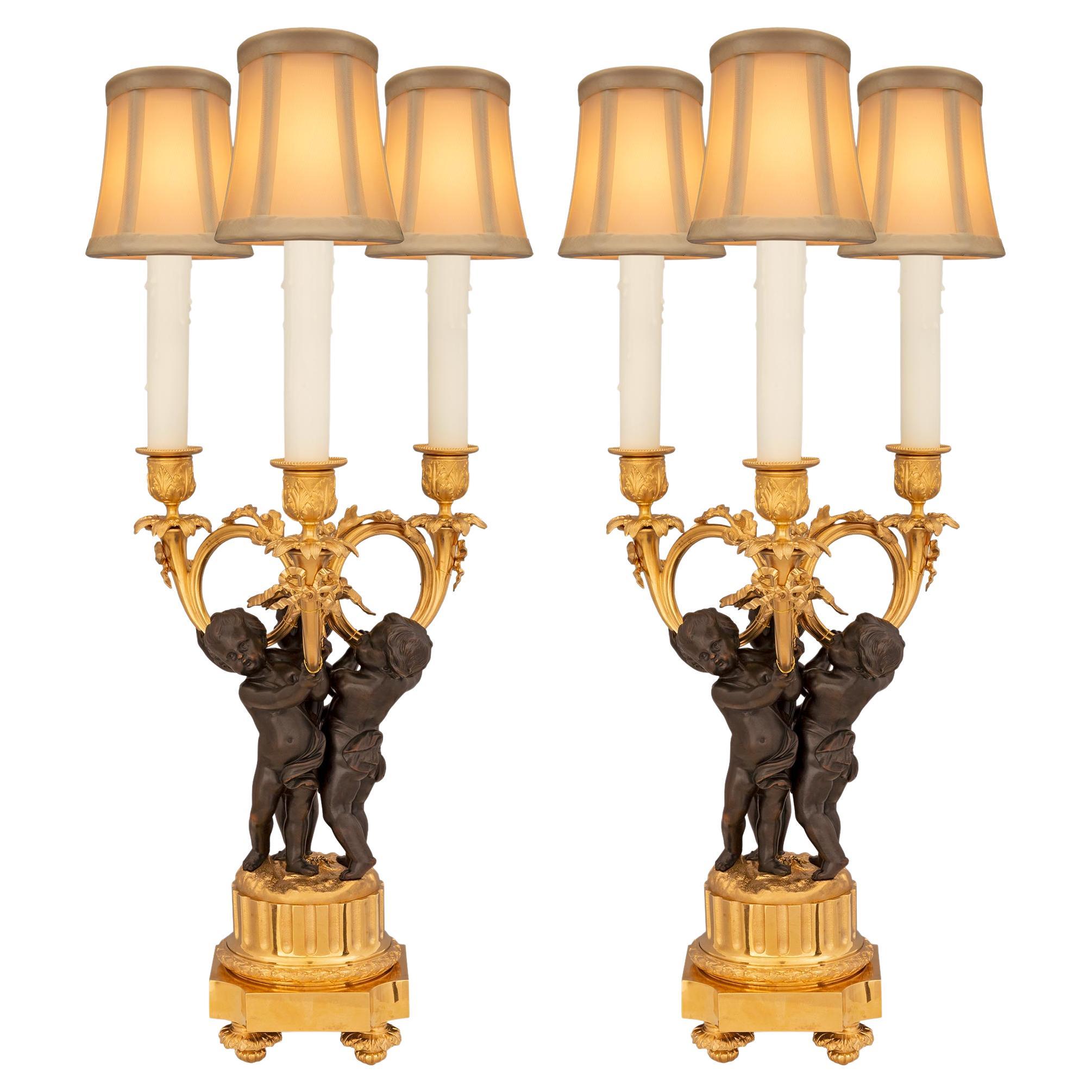 Pair of French 19th Century Louis XVI St. Patinated Bronze and Ormolu Lamps
