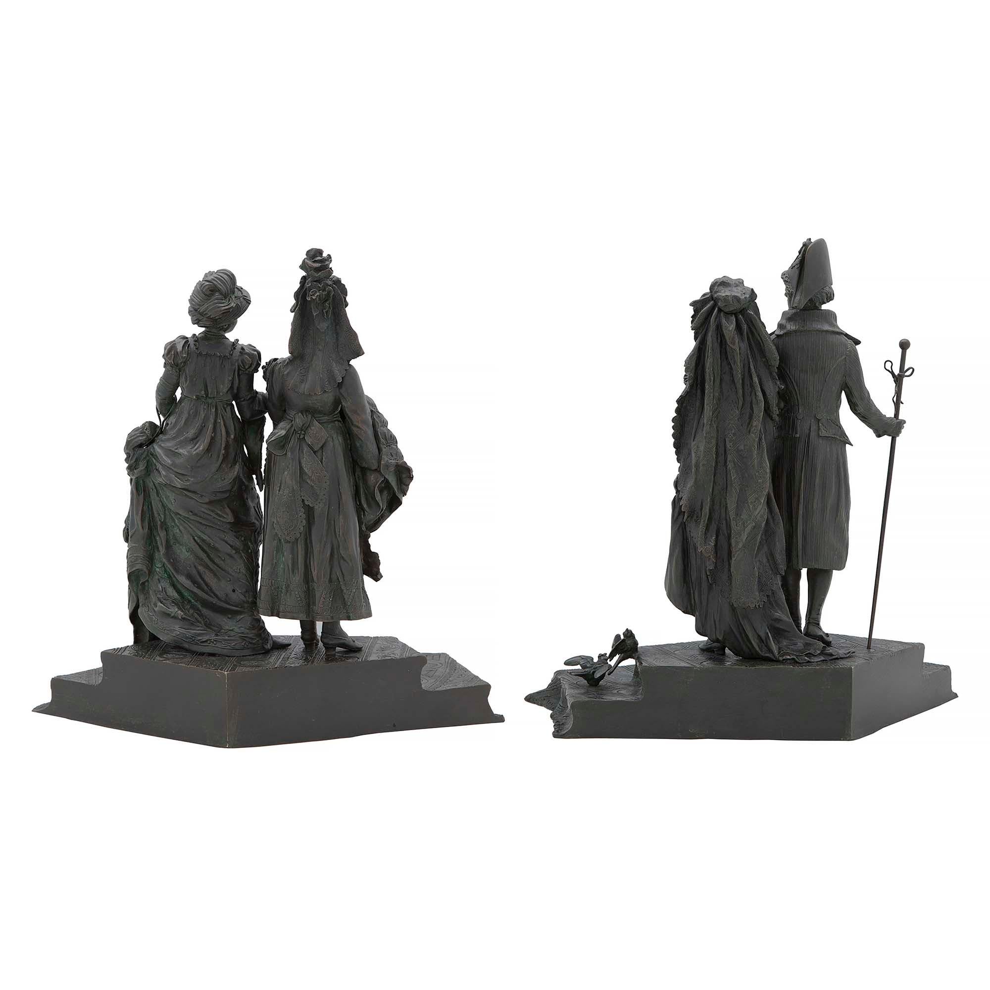 A charming pair of French 19th century Louis XVI st. patinated bronze statues depicting Parisians during the Belle Epoque. One bronze is of a courting scene with a gentleman and a lady elegantly dressed while he is holding a bouquet of flowers and