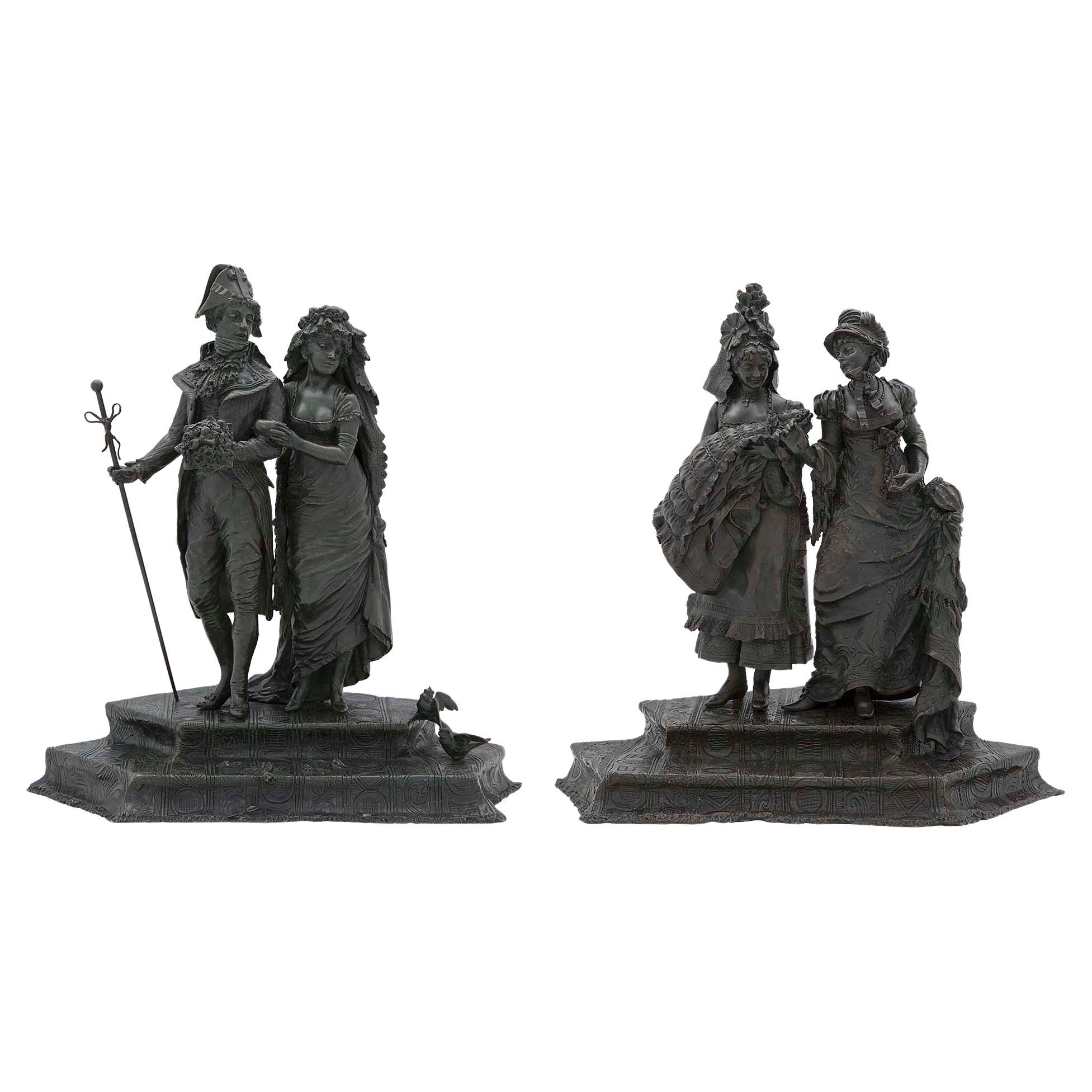 Paire de sculptures françaises en bronze patiné de style Louis XVI du 19ème siècle