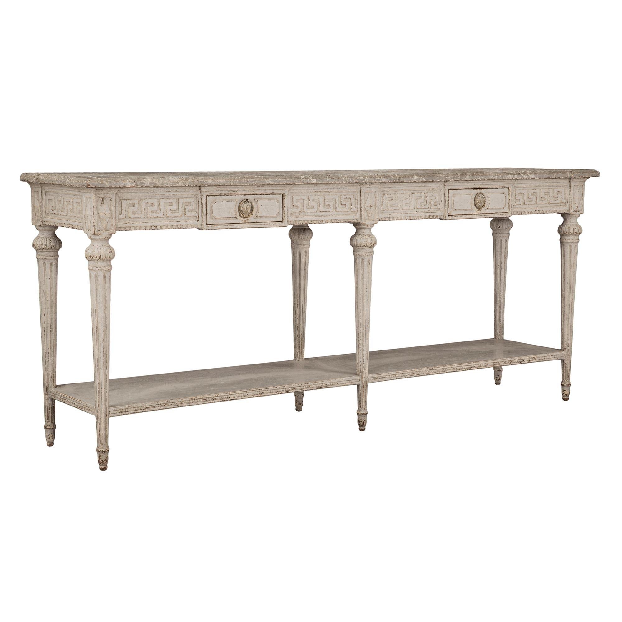 Pair of French 19th Century Louis XVI St. Patinated Off-White Consoles In Good Condition For Sale In West Palm Beach, FL