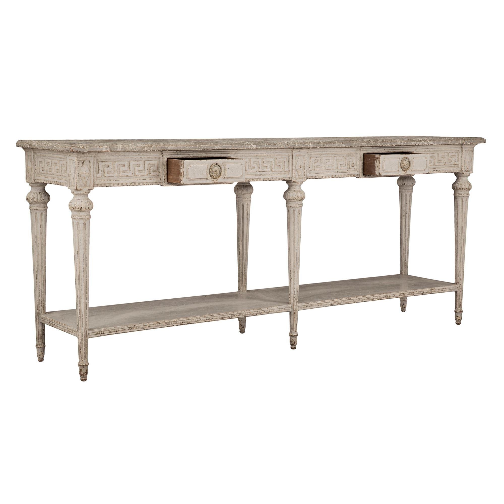 Wood Pair of French 19th Century Louis XVI St. Patinated Off-White Consoles For Sale
