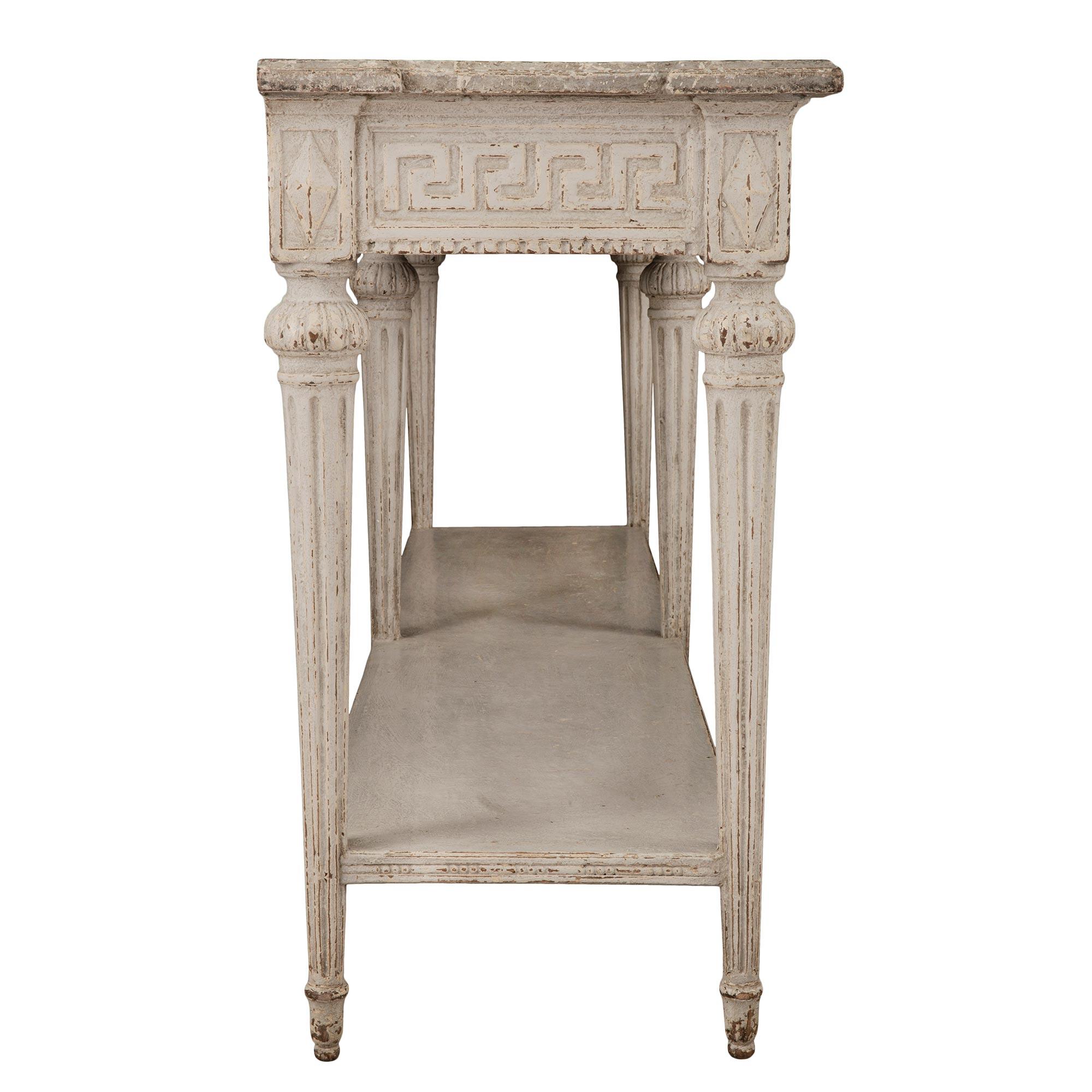 Pair of French 19th Century Louis XVI St. Patinated Off-White Consoles For Sale 1