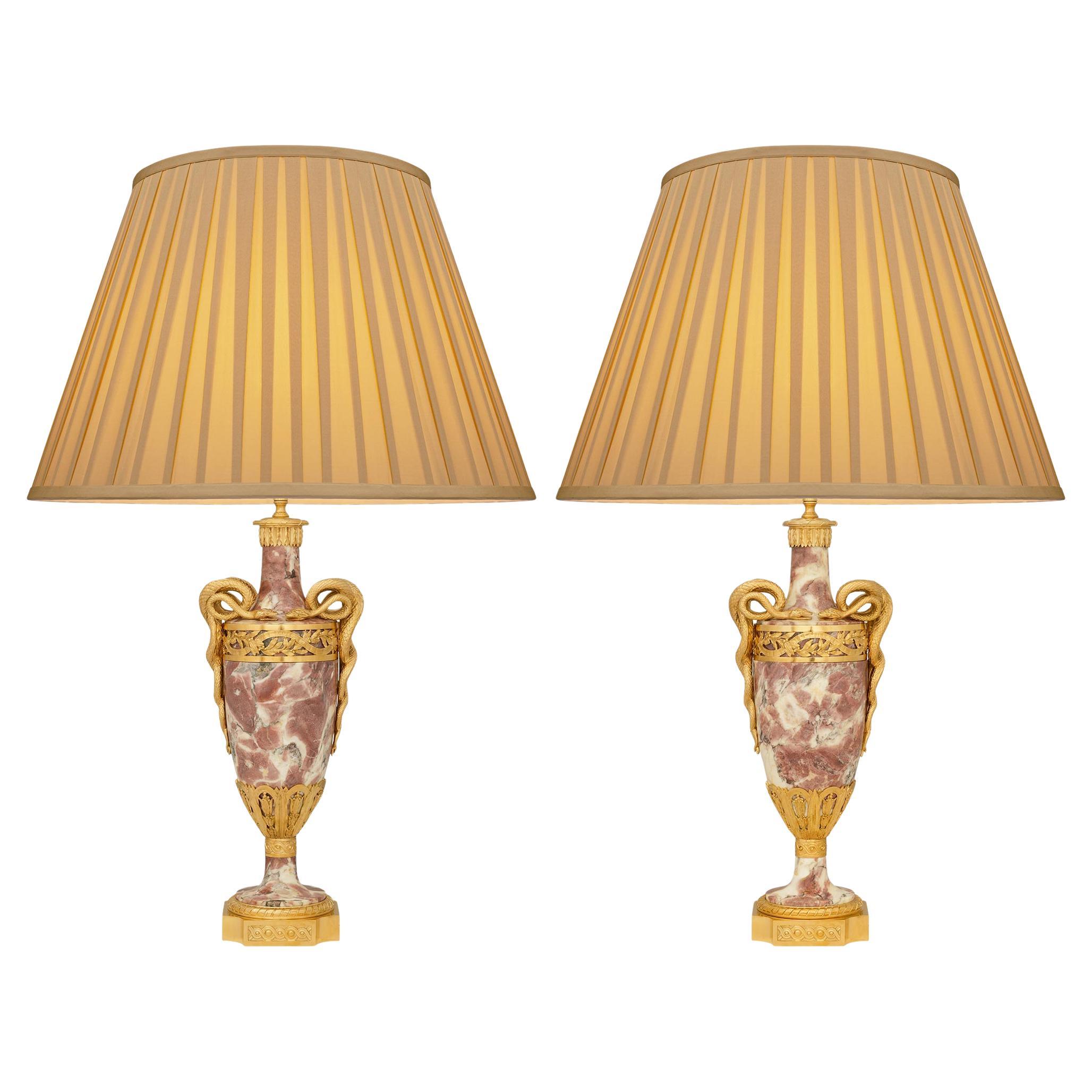 pair of French 19th century Louis XVI st. Pêcher marble and Ormolu lamps