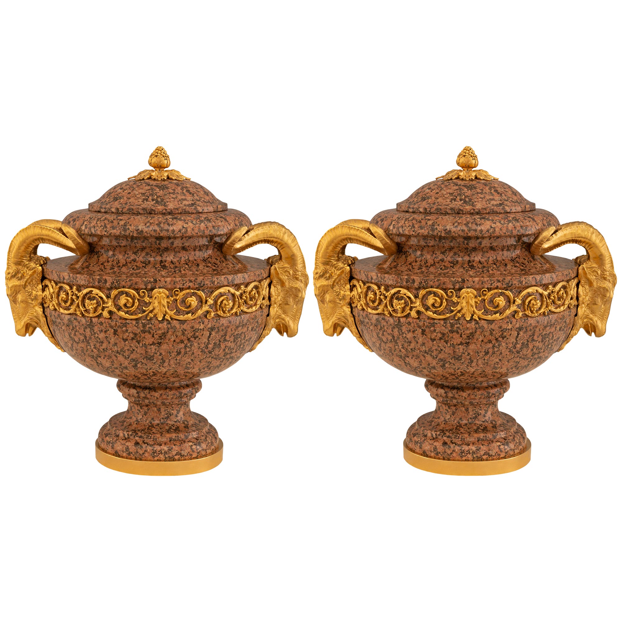 Pair Of French 19th Century Louis XVI St. Pink Granite And Ormolu Lidded Urns For Sale
