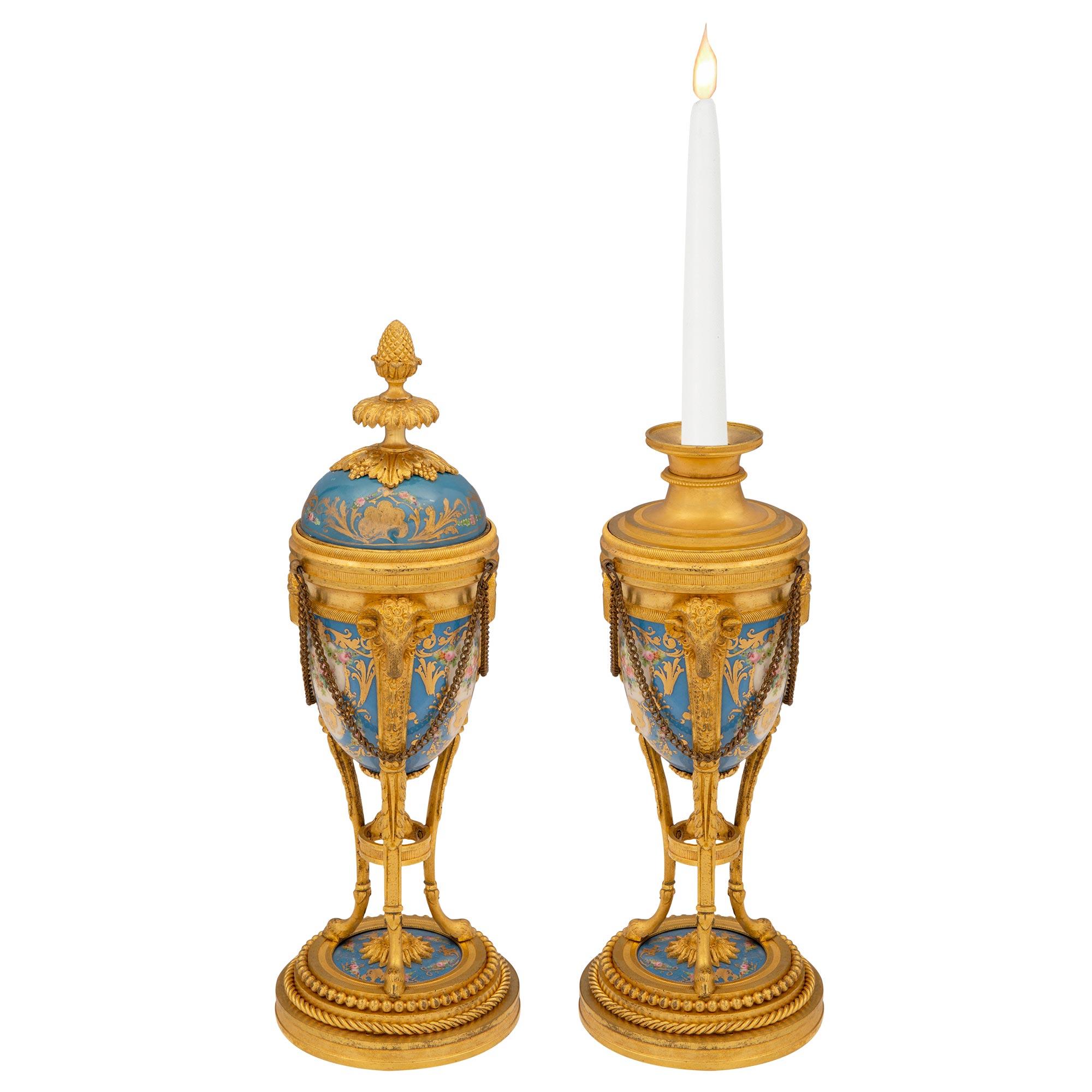 Pair of French 19th Century Louis XVI St. Porcelain and Ormolu Cassolettes