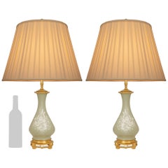 pair of French 19th century Louis XVI st. Porcelain and Ormolu lamps