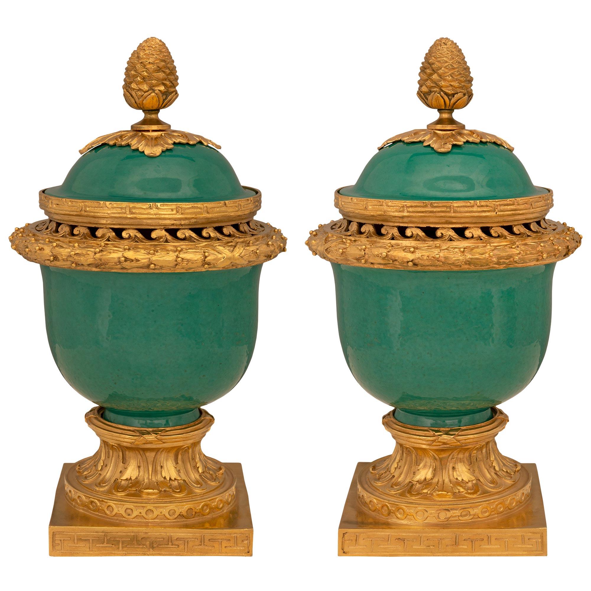 Pair of French 19th Century Louis XVI St. Porcelain and Ormolu Lidded Urns For Sale 5