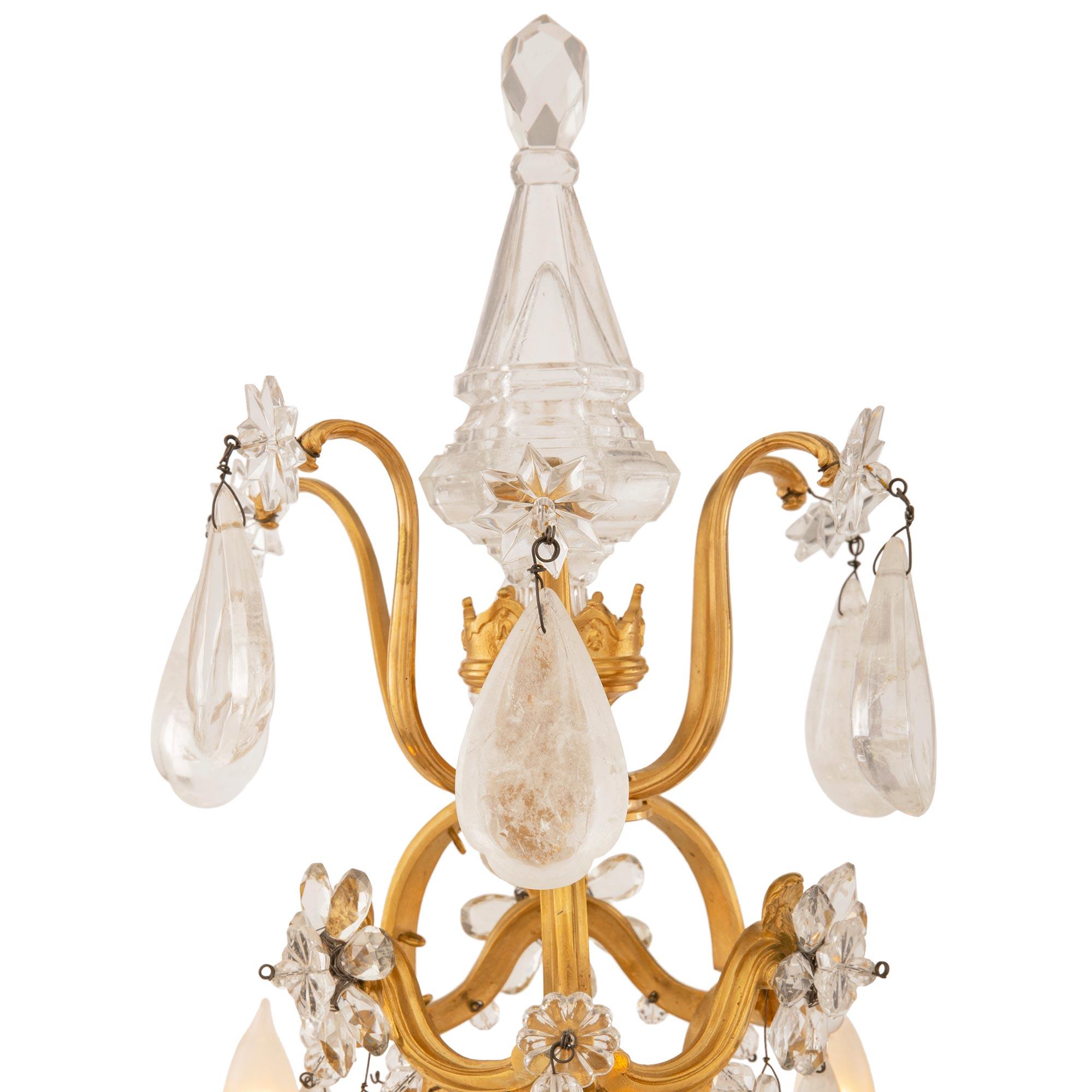 Pair Of French 19th Century Louis XVI St. Rock Crystal & Crystal Girandole Lamps In Good Condition For Sale In West Palm Beach, FL