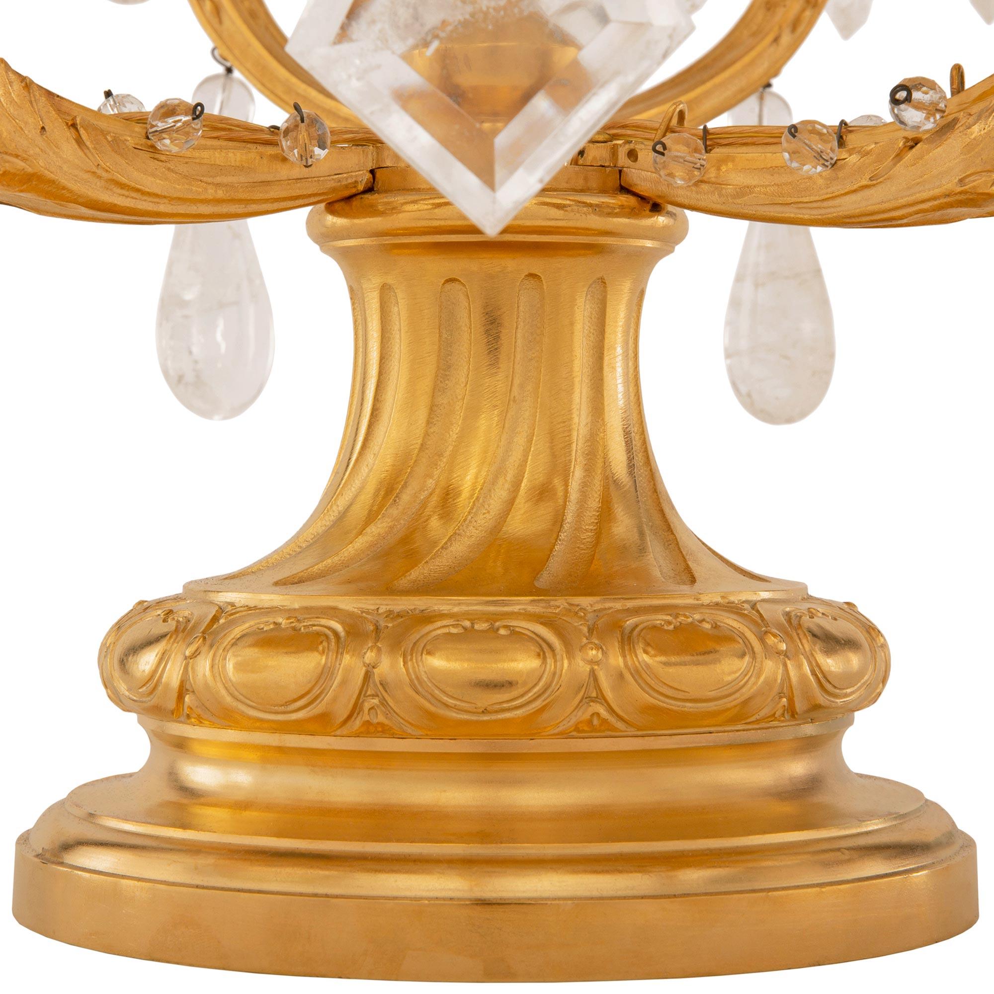 Pair Of French 19th Century Louis XVI St. Rock Crystal & Crystal Girandole Lamps For Sale 4