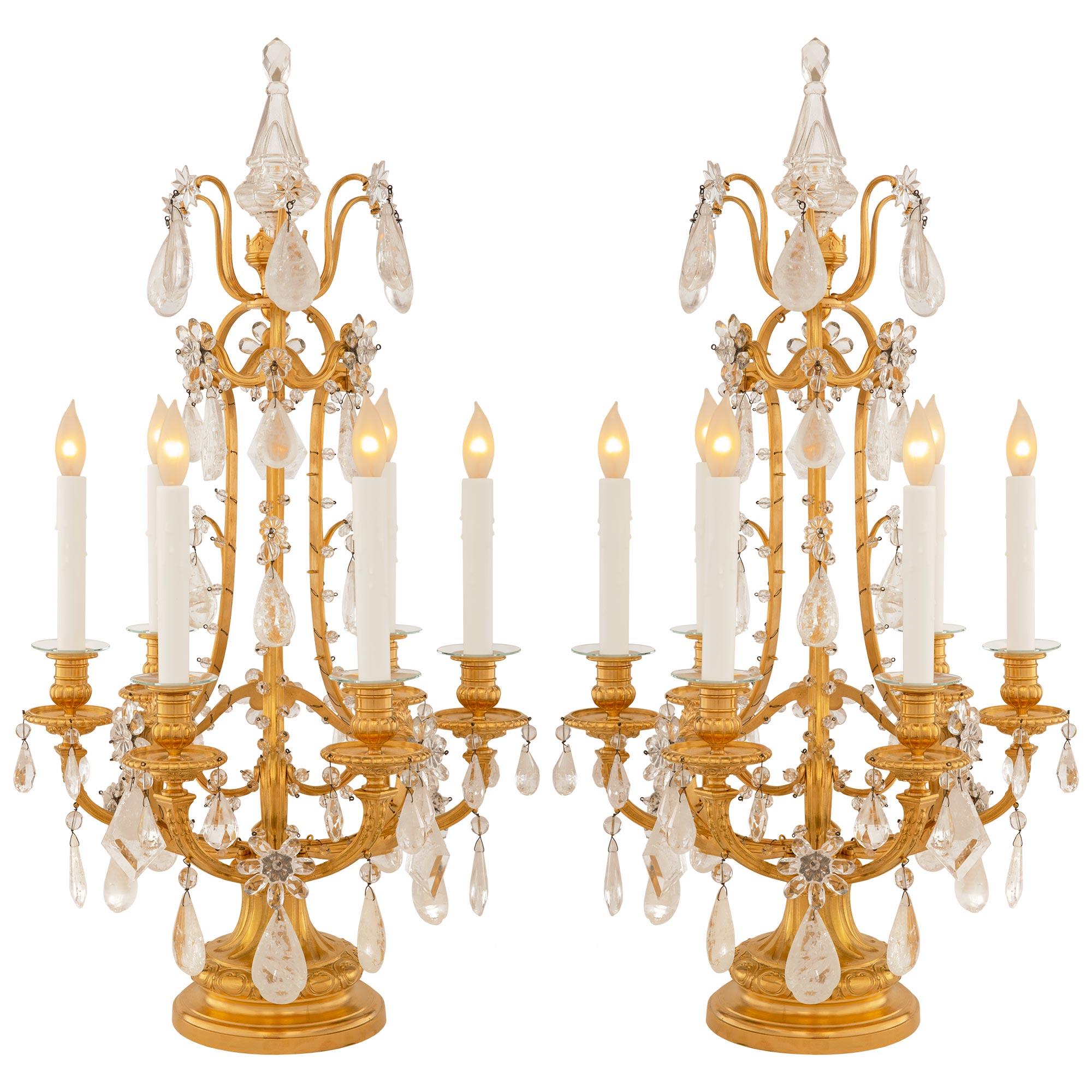 Pair Of French 19th Century Louis XVI St. Rock Crystal & Crystal Girandole Lamps For Sale 5