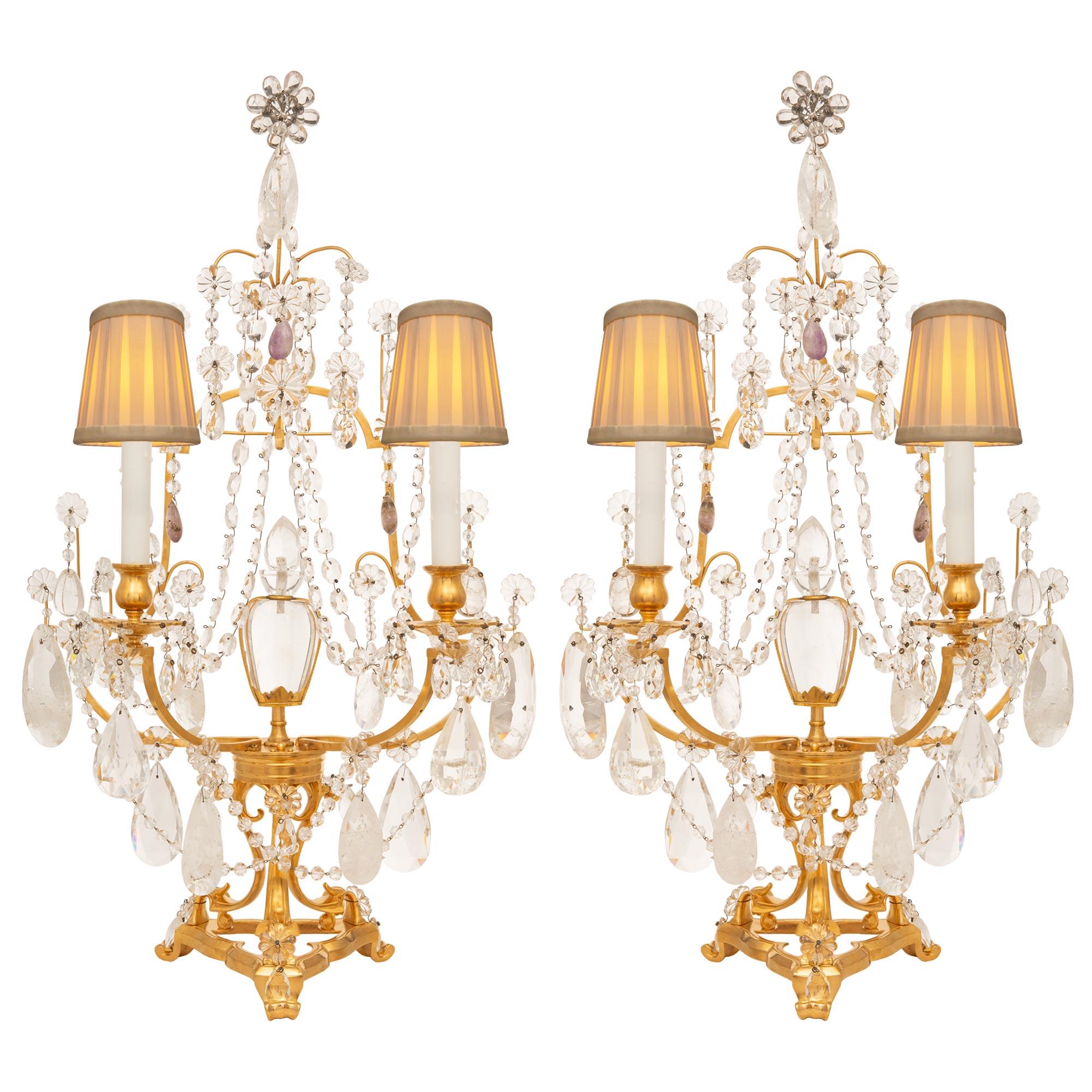 Pair Of French 19th Century Louis XVI St. Rock Crystal & Ormolu Girondoles Lamp For Sale 7